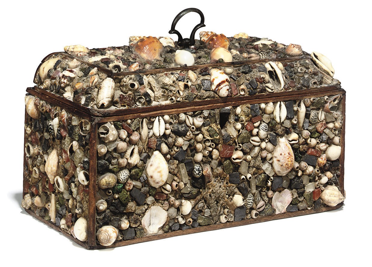 A GEORGE III OAK AND SHELL-WORK TEA-CADDY