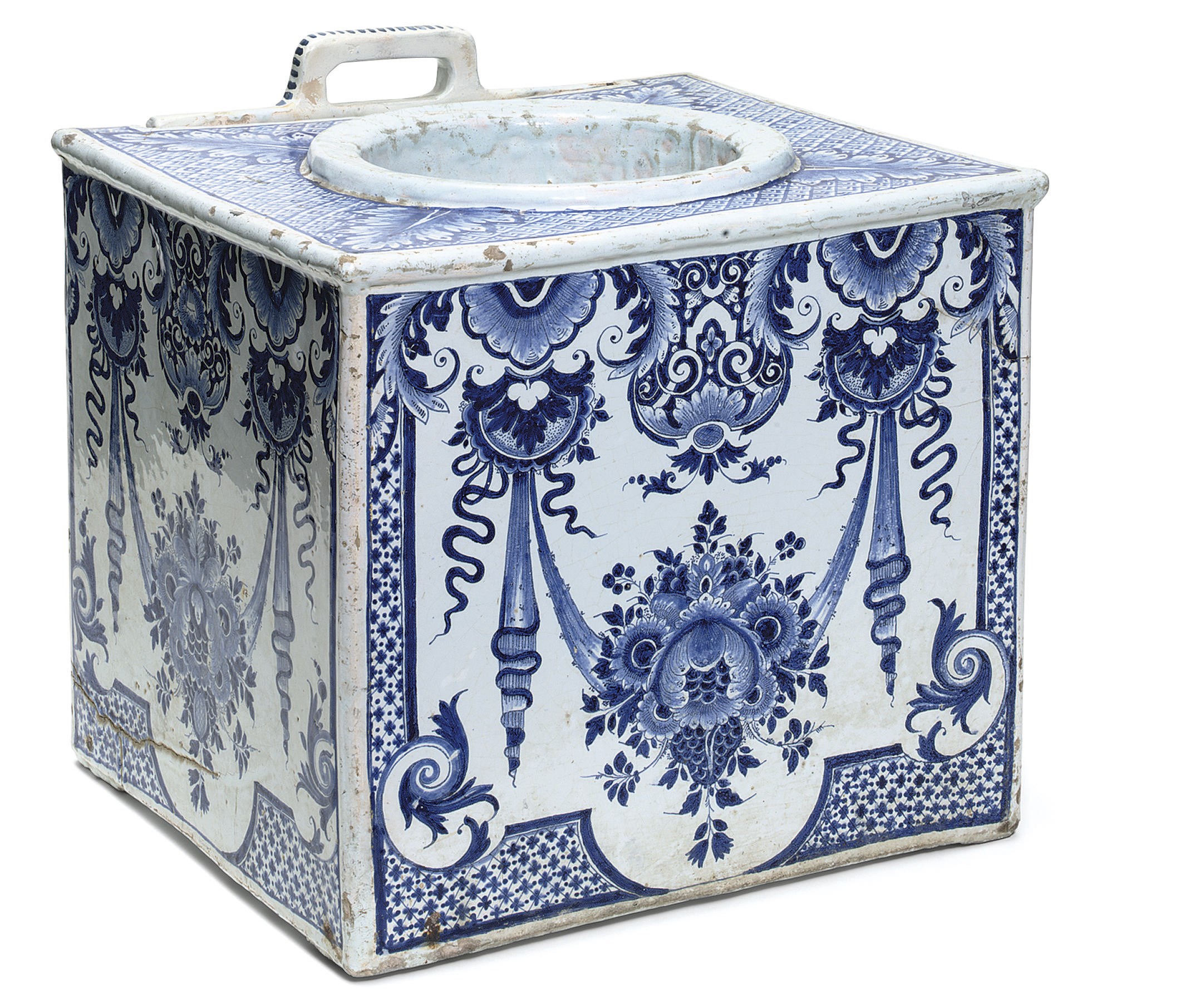 A LOUIS XIV FAIENCE BLUE AND WHITE PORTABLE CLOSET