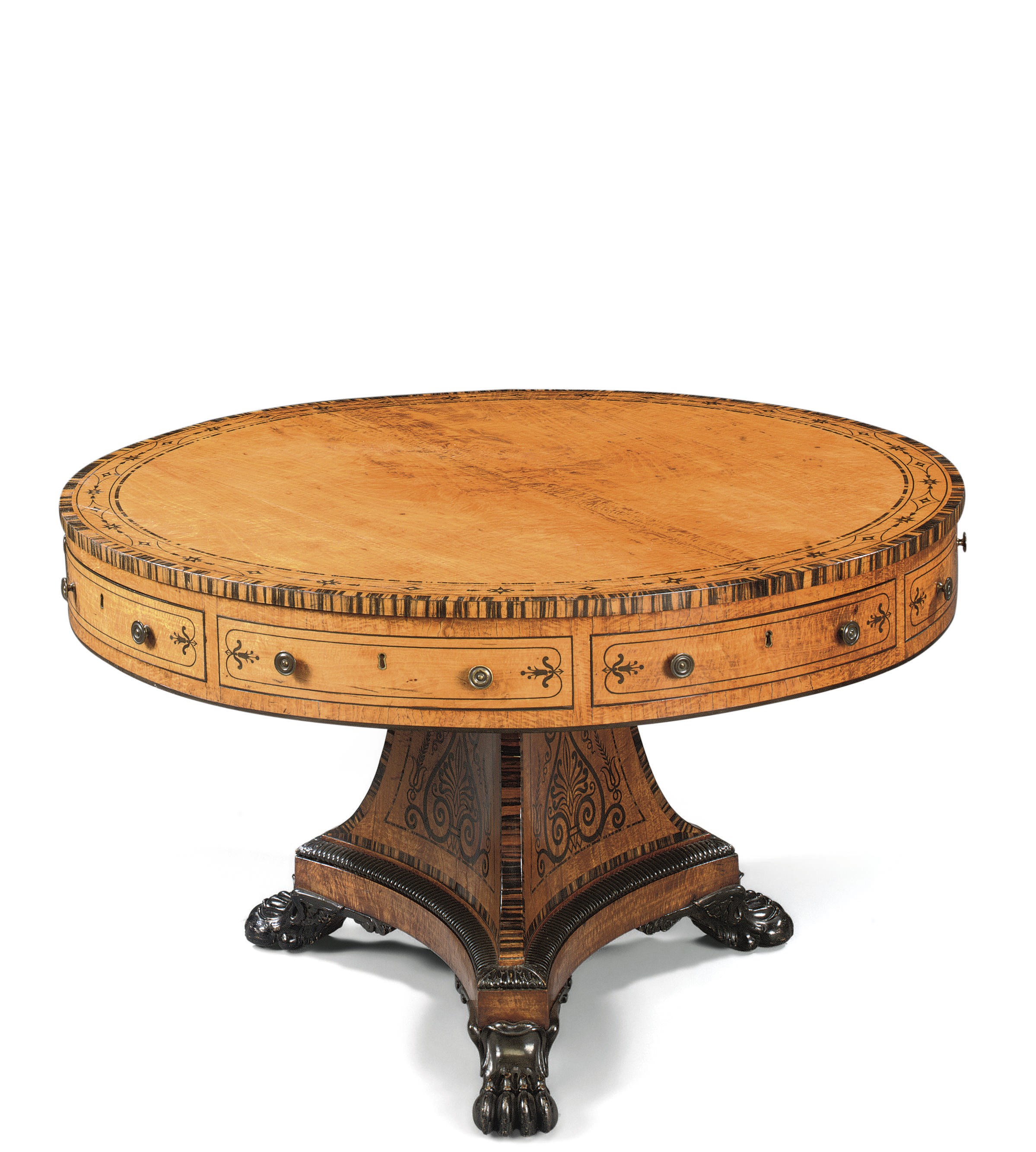 A REGENCY SATINWOOD AND CALAMANDER DRUM TABLE