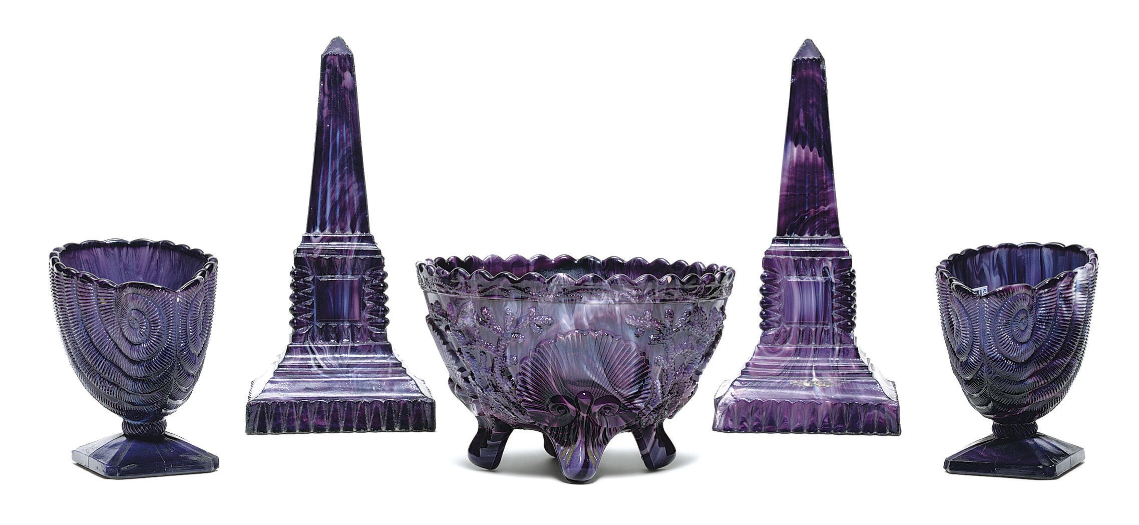 FIVE ITEMS OF PRESS-MOULDED SLAG GLASS