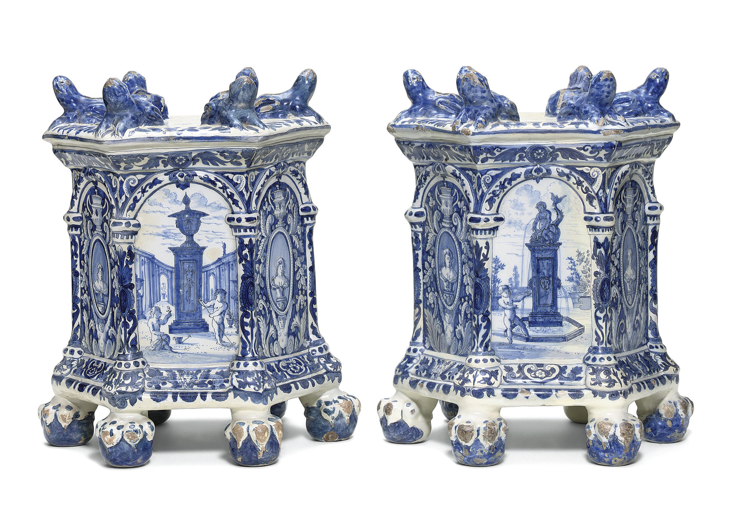 A PAIR OF DUTCH DELFT BLUE AND WHITE HEXAGONAL TULIPIERE BASES