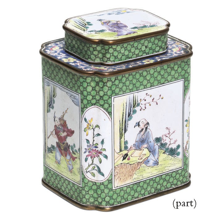 A CANTONESE ENAMEL FAMILLE ROSE SHAPED-RECTANGULAR TEA CANISTER, LINER AND COVER AND A LONGWY TRAY