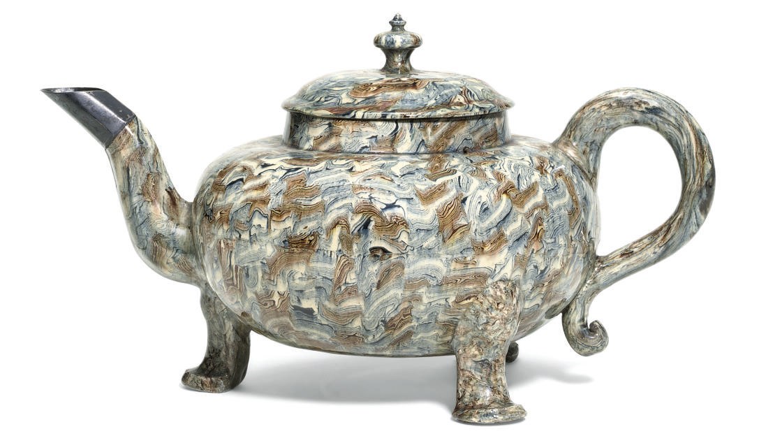 A STAFFORDSHIRE SOLID AGATE-WARE LARGE TEAPOT AND COVER