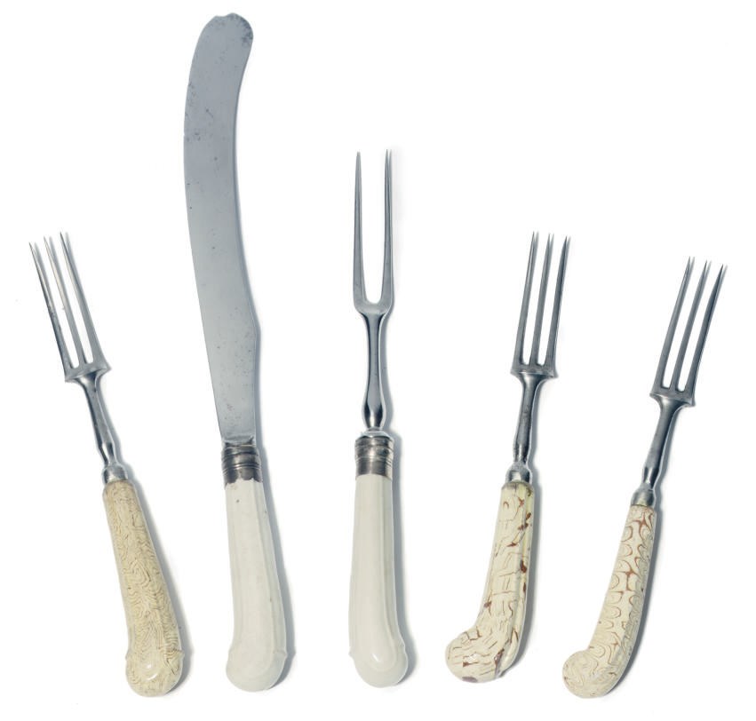 FIVE STAFFORDSHIRE POTTERY CUTLERY-HANDLES