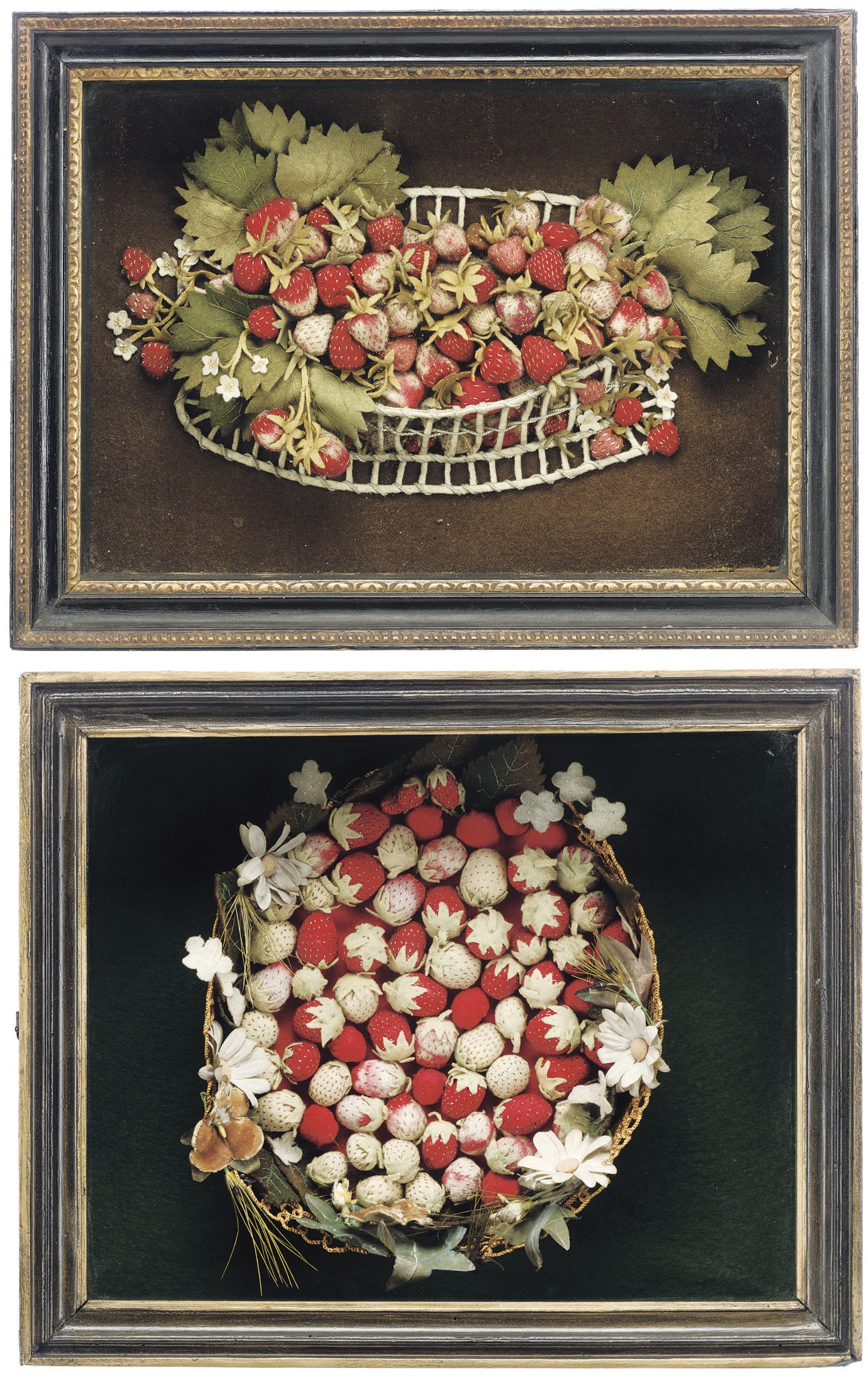 TWO ENGLISH STRAWBERRY BASKET FELT-WORK PICTURES