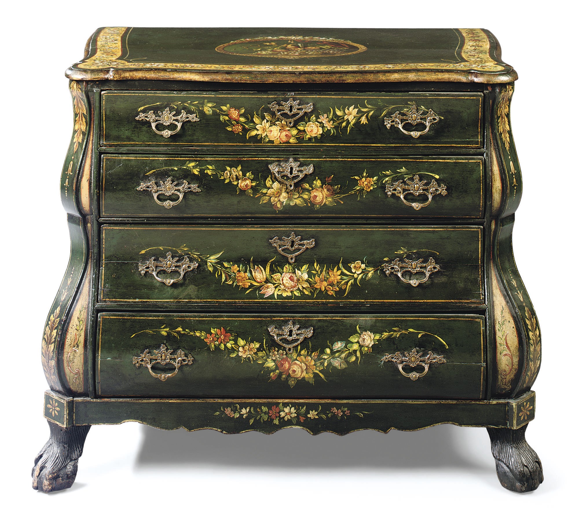A DUTCH POLYCHROME-DECORATED BOMBÉ CHEST-OF-DRAWERS