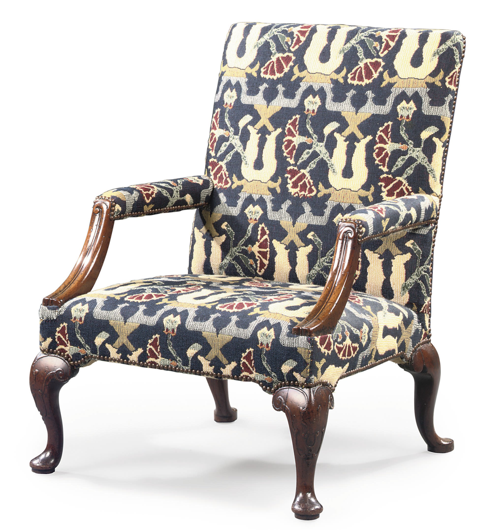 A GEORGE II WALNUT LIBRARY ARMCHAIR