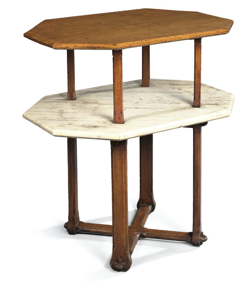 A MID-VICTORIAN OAK AND MARBLE ETAGERE