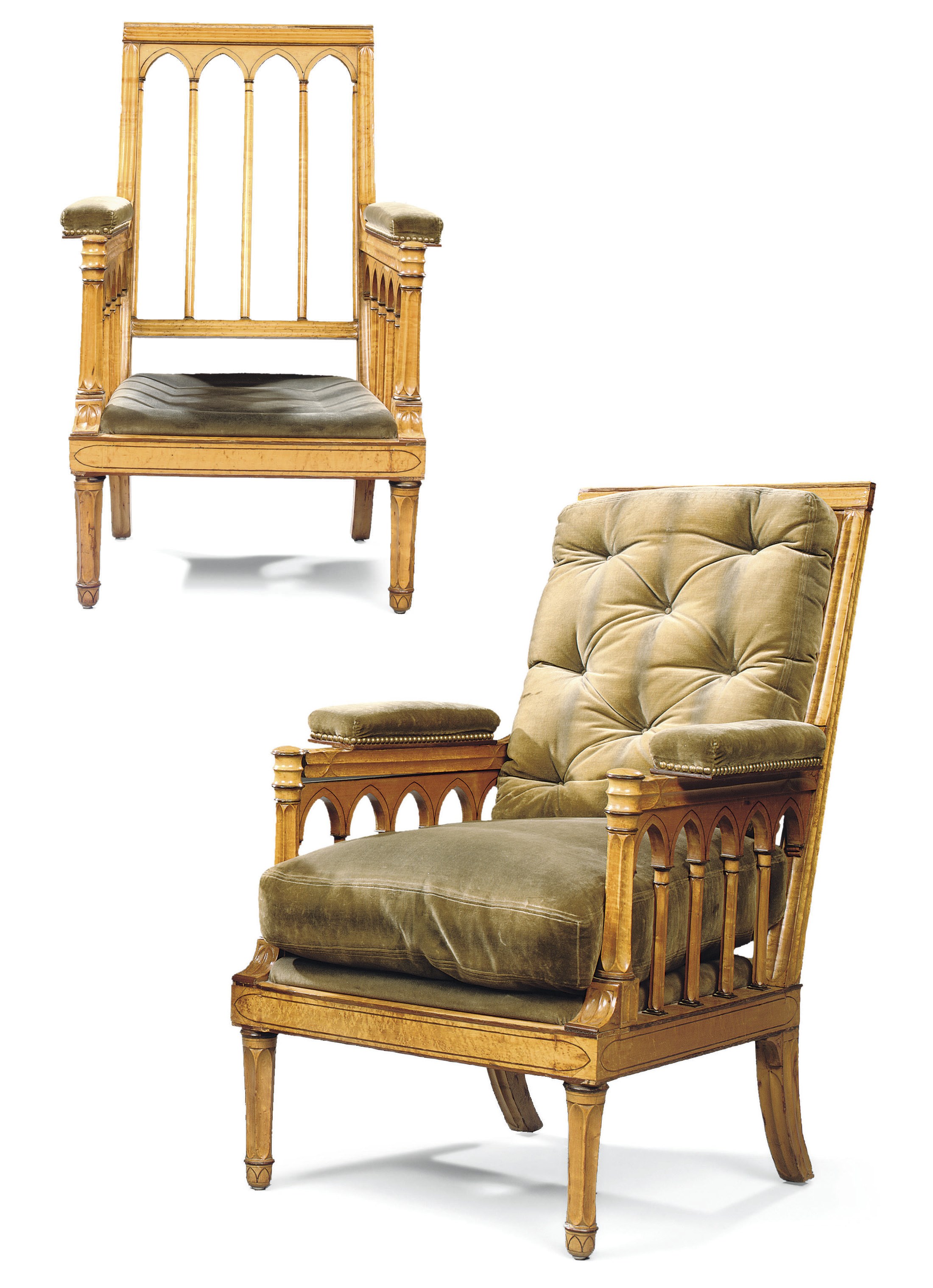 A PAIR OF CHARLES X BIRD'S-EYE MAPLE AND LACEWOOD BERGERES