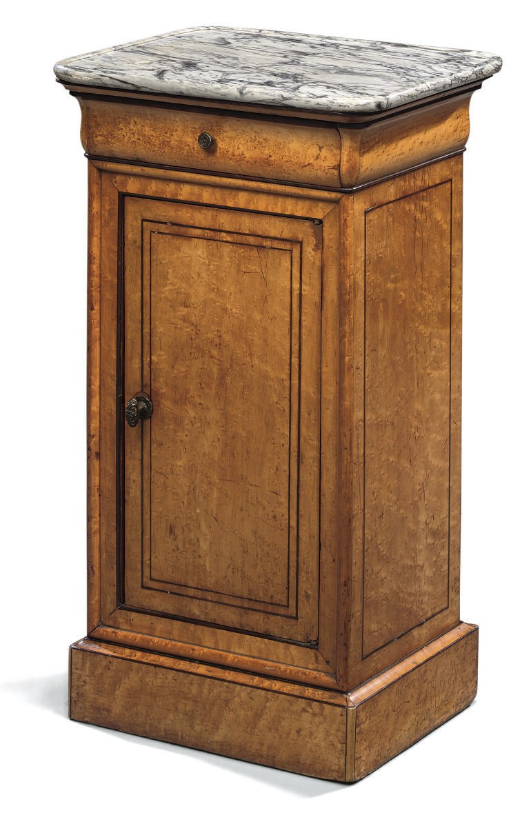 A CHARLES X BIRDS-EYE MAPLE AND AMARANTH BEDSIDE CABINET