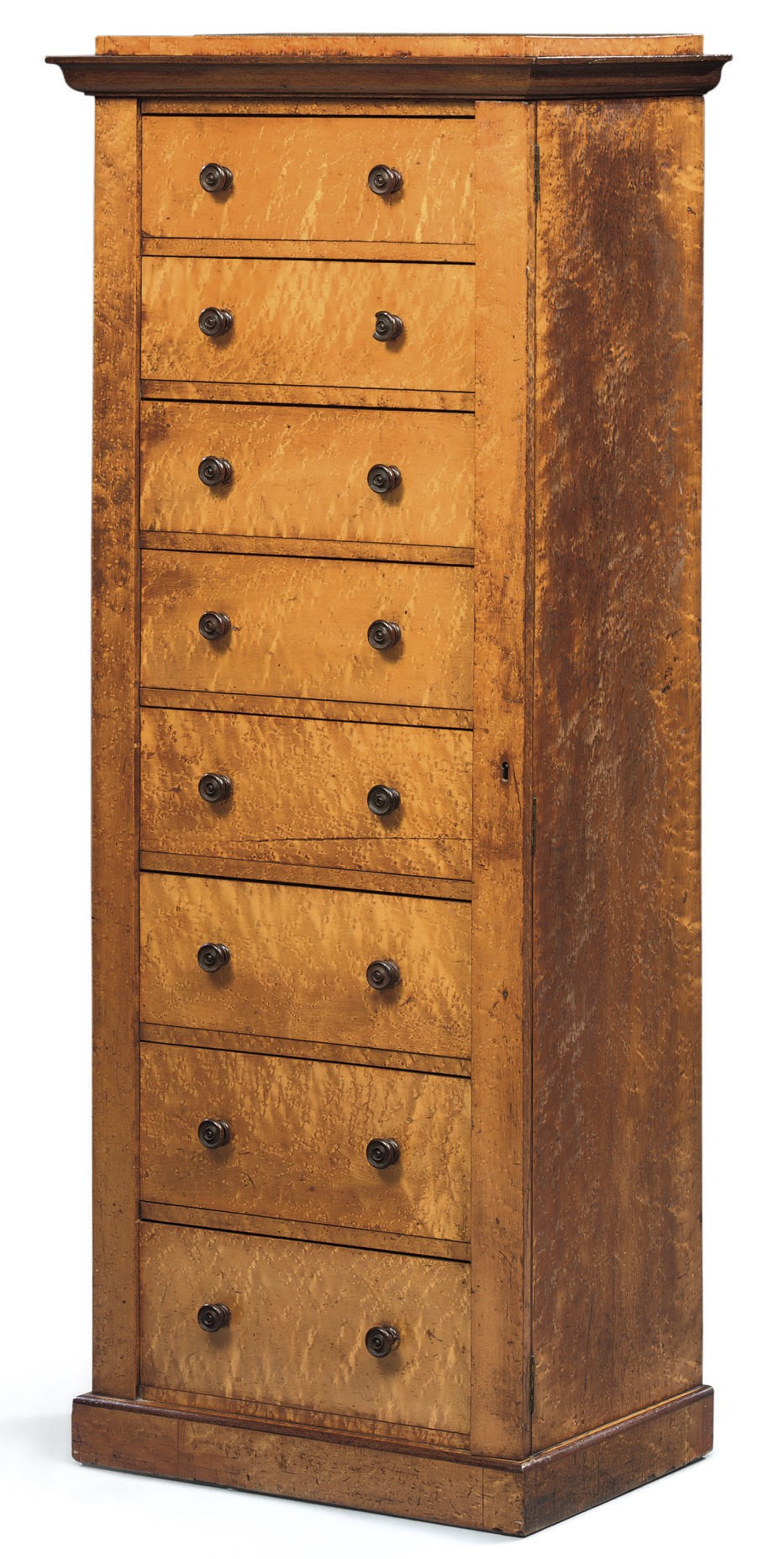 A WILLIAM IV BIRDS-EYE MAPLE AND AMARANTH WELLINGTON CHEST