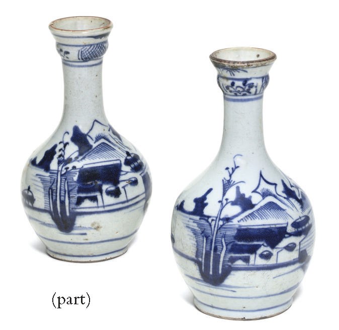 A PAIR OF CHINESE BLUE AND WHITE BOTTLES AND A PAIR OF ENGLISH PORCELAIN BIN LABELS