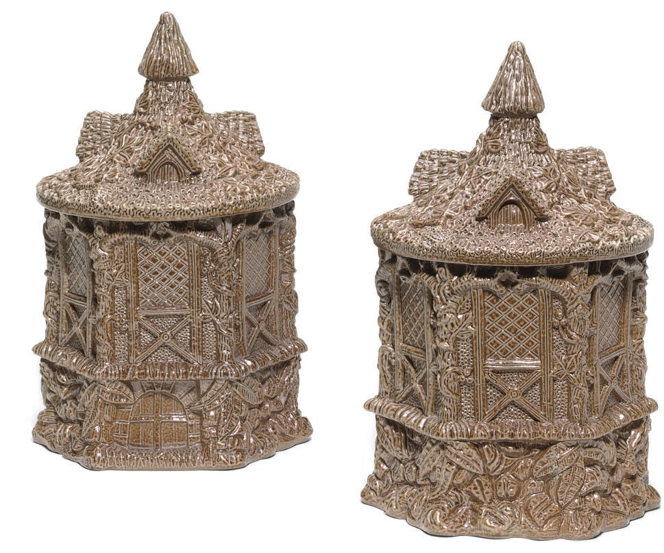 A PAIR OF ENGLISH BROWN SALTGLAZED STONEWARE HEXAGONAL POTS AND COVERS AND A THREE-HANDLED WHITE-METAL MOUNTED TYG