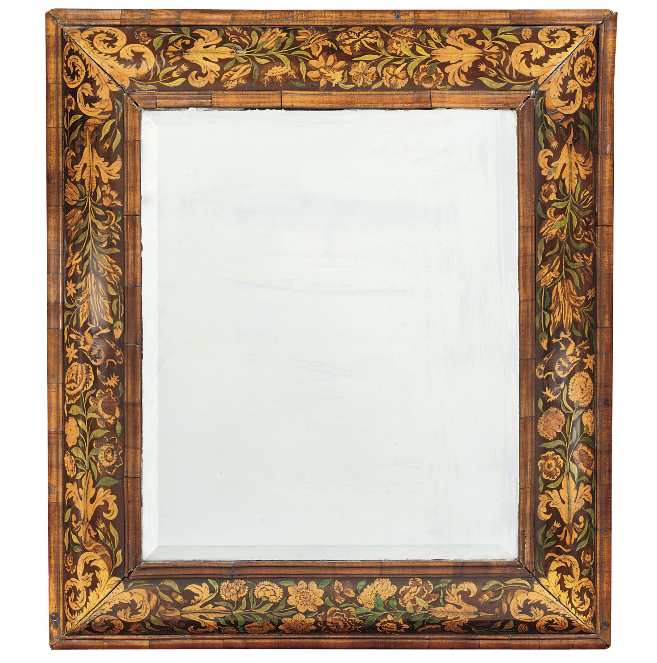 A WILLIAM AND MARY WALNUT AND FLORAL MARQUETRY MIRROR