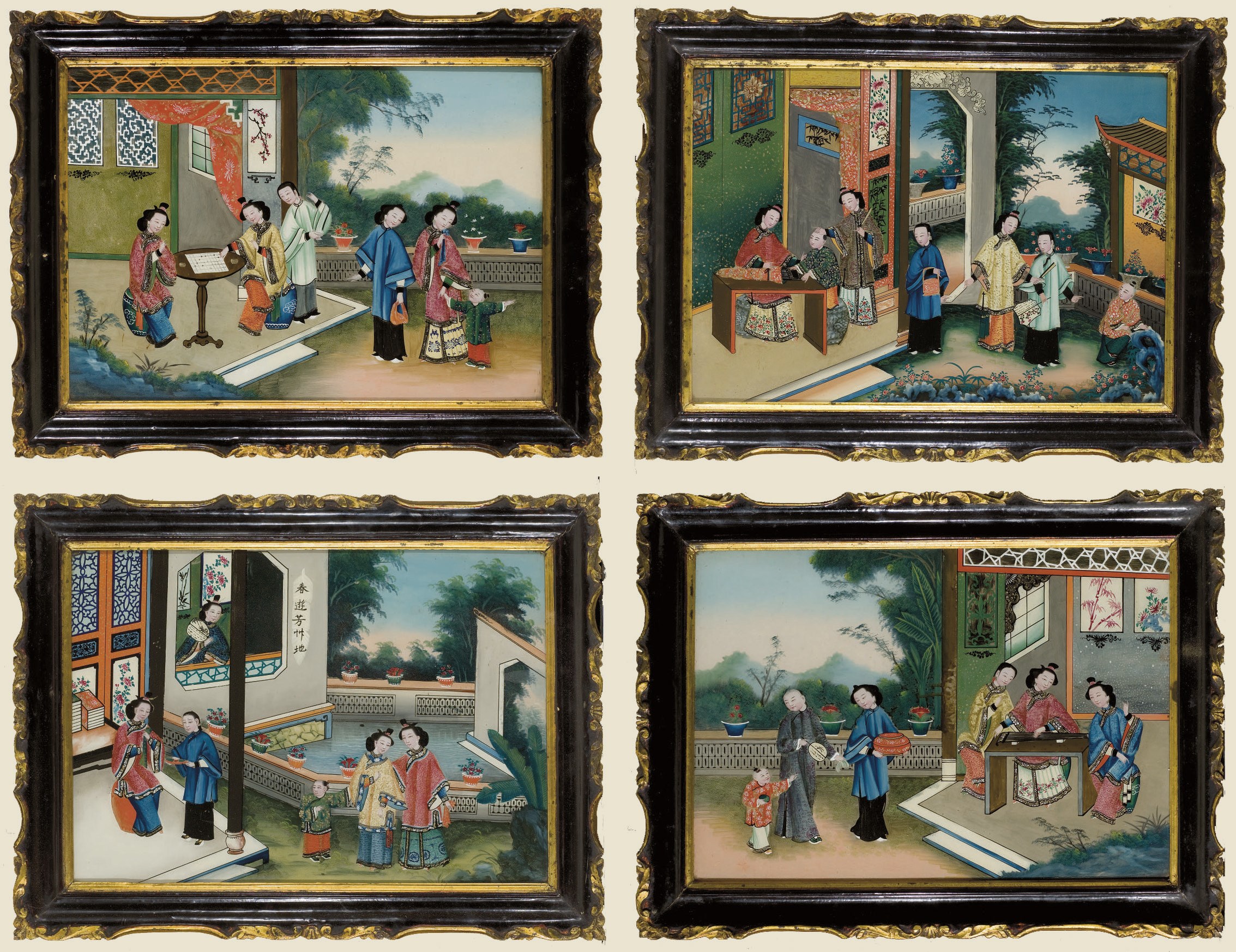QUATRE PEINTURES FIXEES SOUS VERRE ENCADREES
