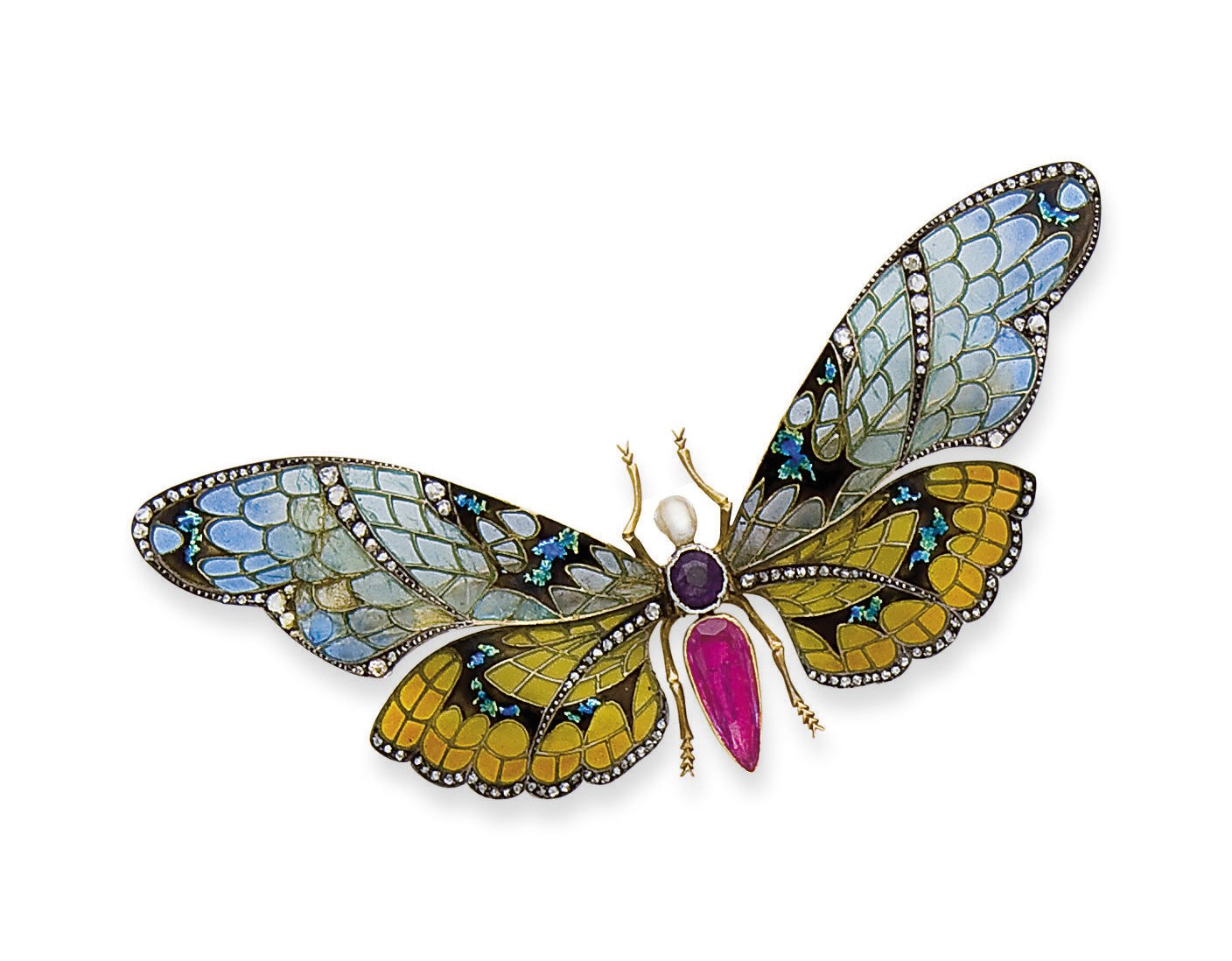 BROCHE EMAIL, SAPHIR, AMETHYSTE, PERLES ET DIAMANTS
