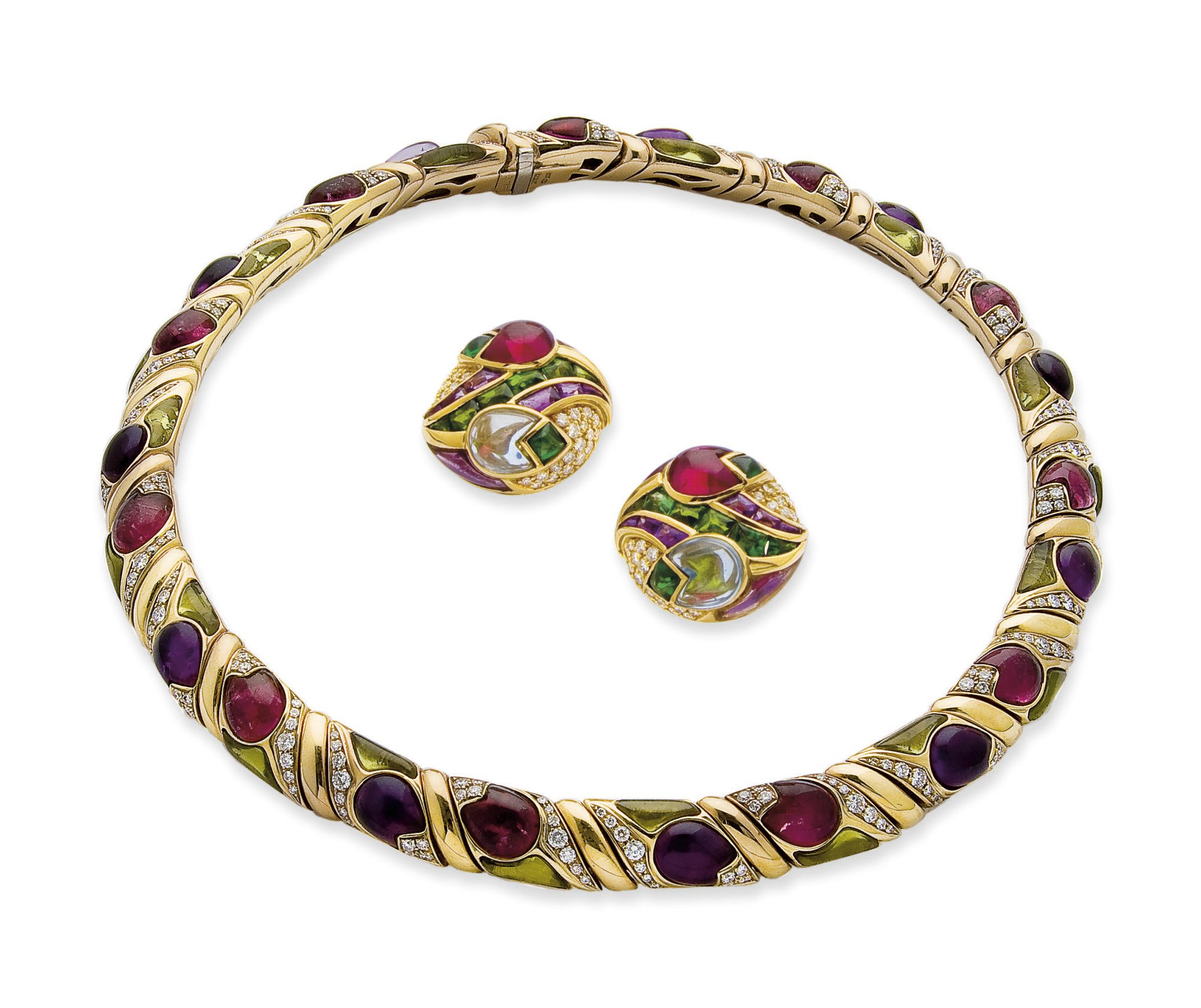 COLLIER ET PAIRE DE CLIPS D'OREILLES TOURMALINES, AMETHYSTES, EMERAUDES ET DIAMANTS, PAR BULGARI