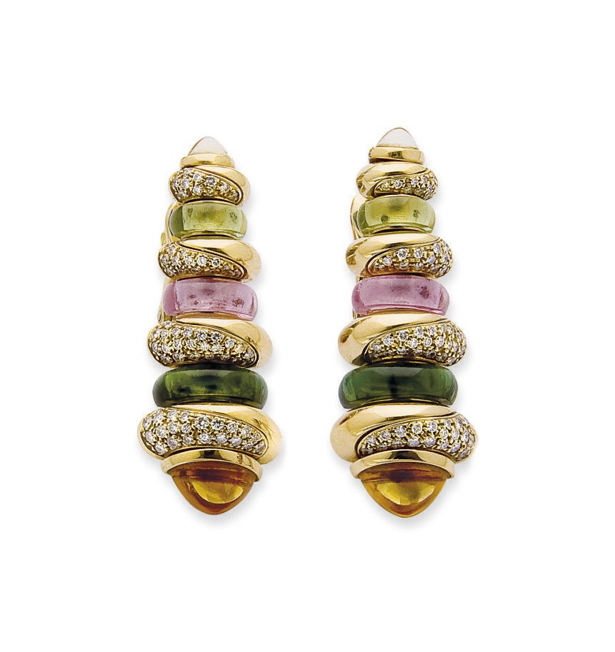 PAIRE DE PENDANTS D'OREILLES PERIDOTS, TOURMALINES, CITRINES ET DIAMANTS, PAR BULGARI