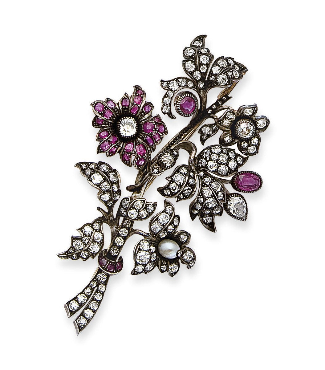 BROCHE PERLE, RUBIS ET DIAMANTS