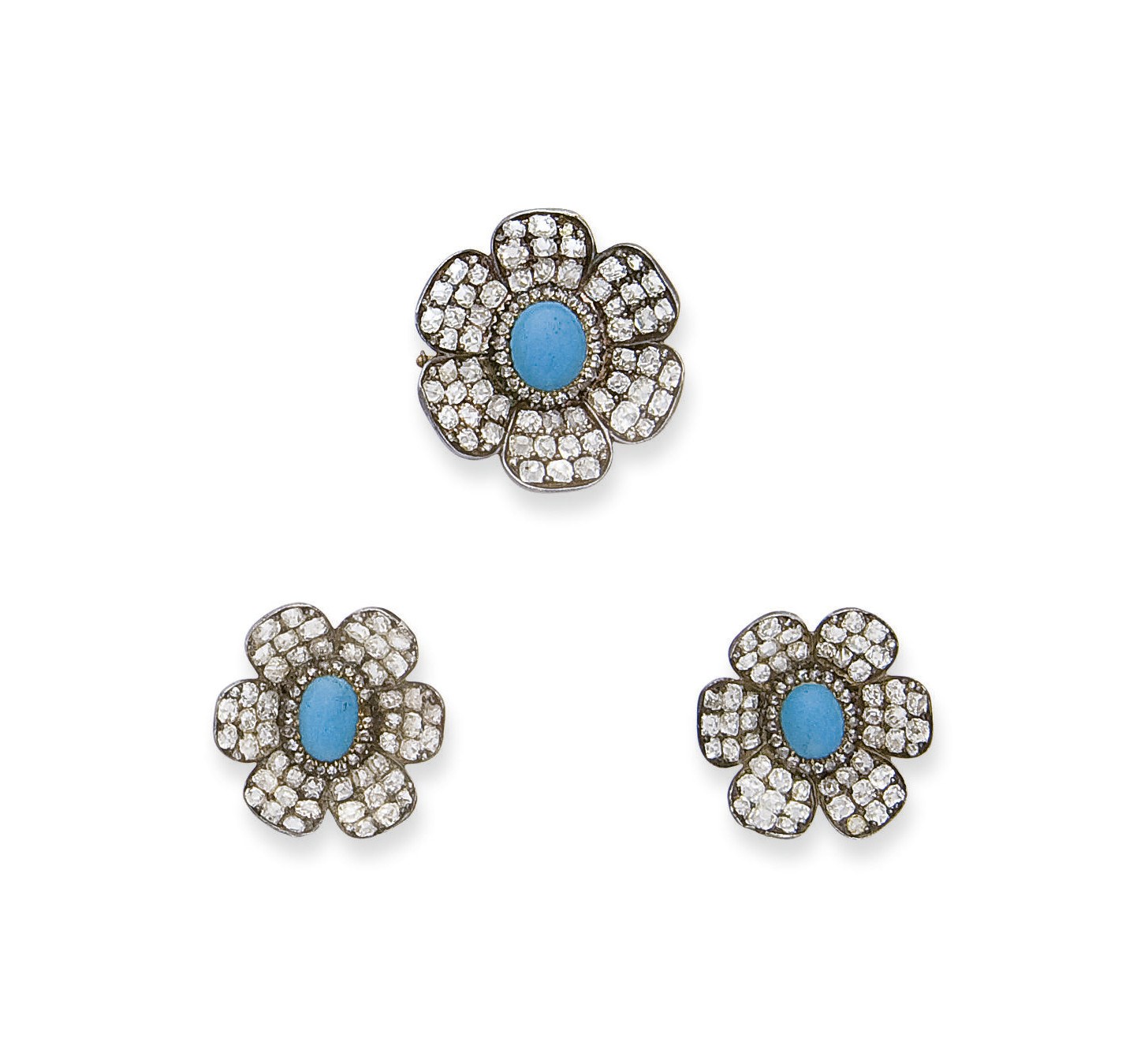 BROCHE ET PAIRE DE CLIPS D'OREILLES TURQUOISES ET DIAMANTS