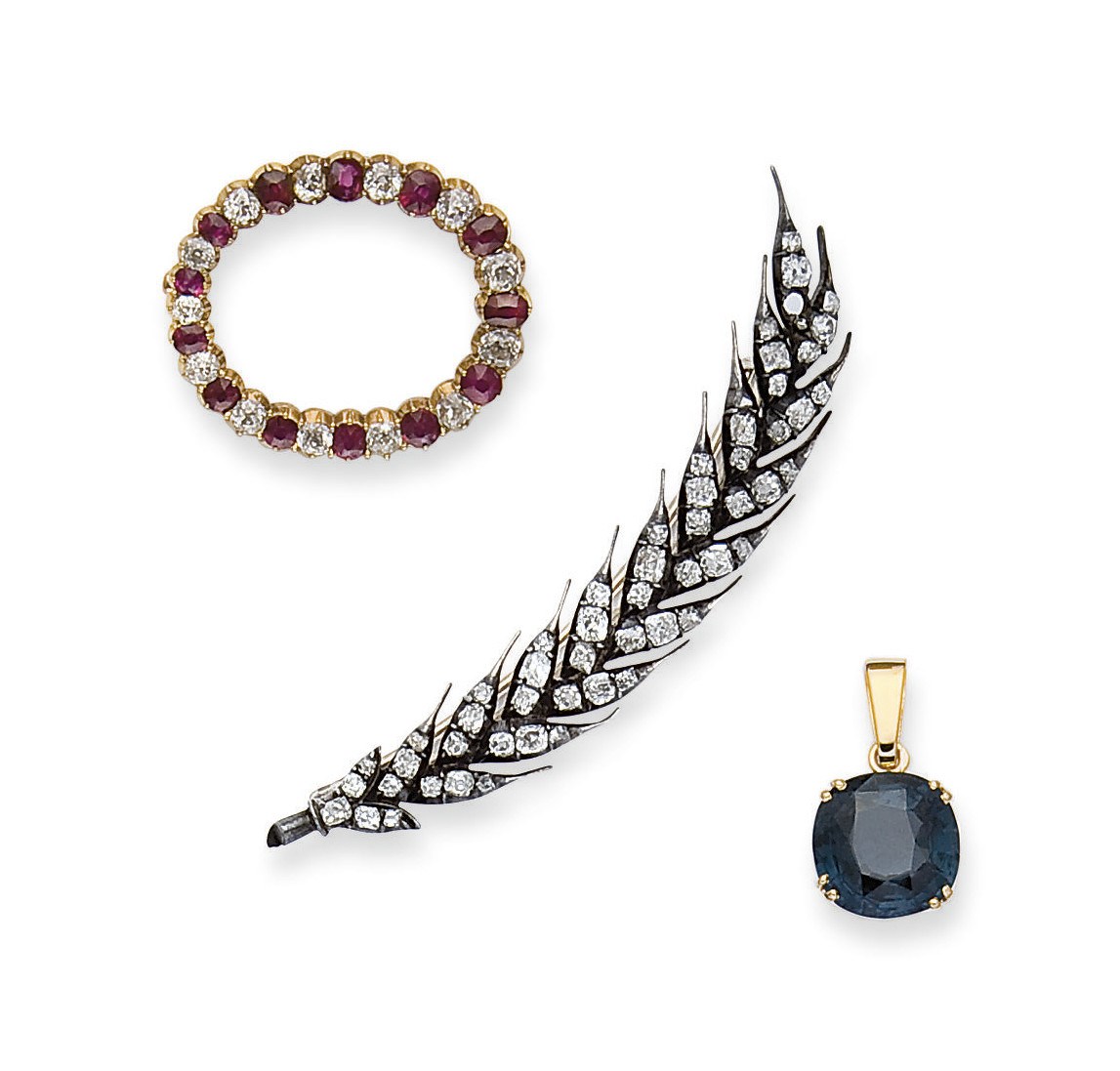 BROCHE DIAMANTS, BROCHE RUBIS ET DIAMANTS ET PENDENTIF SPINELLE