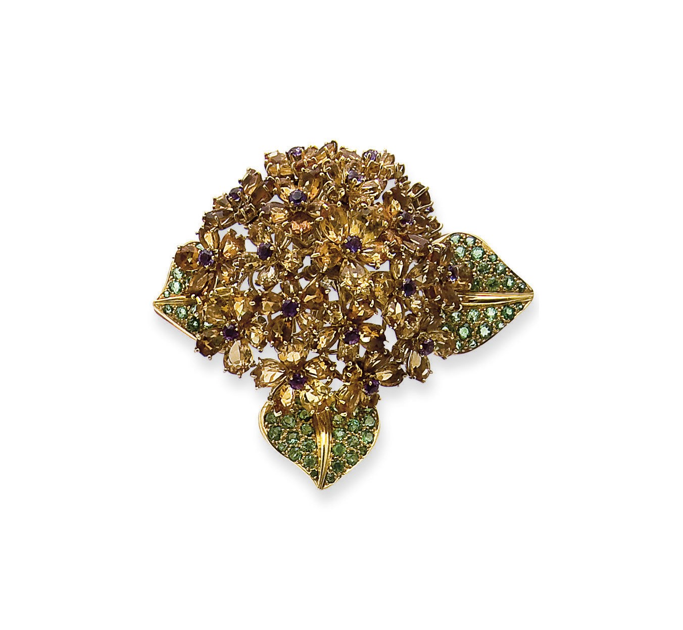 BROCHE CITRINES, AMETHYSTES ET GRENATS DEMANTOIDES, PAR RENE BOIVIN