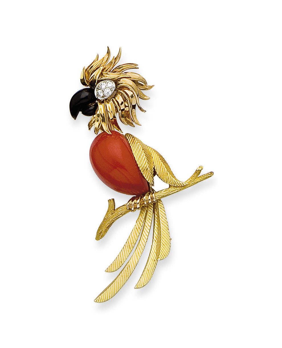 CLIP PERROQUET CORAIL, EMAIL ET DIAMANTS