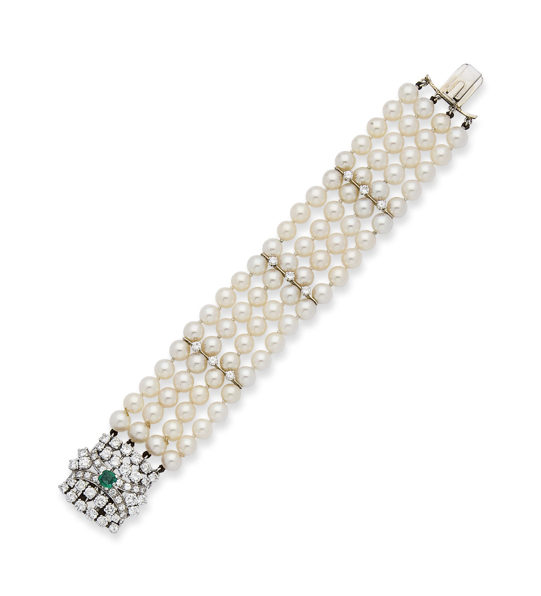 BRACELET PERLES DE CULTURE, EMERAUDE ET DIAMANTS