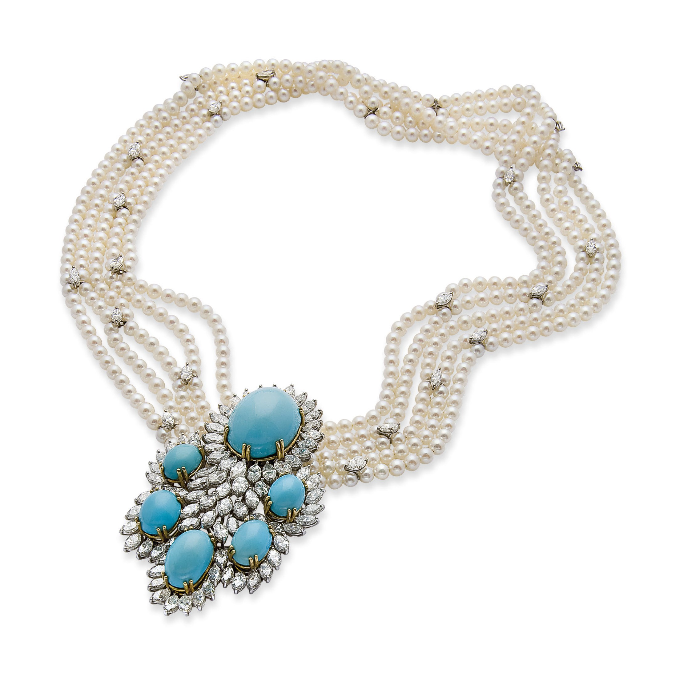 COLLIER PERLES DE CULTURE, TURQUOISES ET DIAMANTS