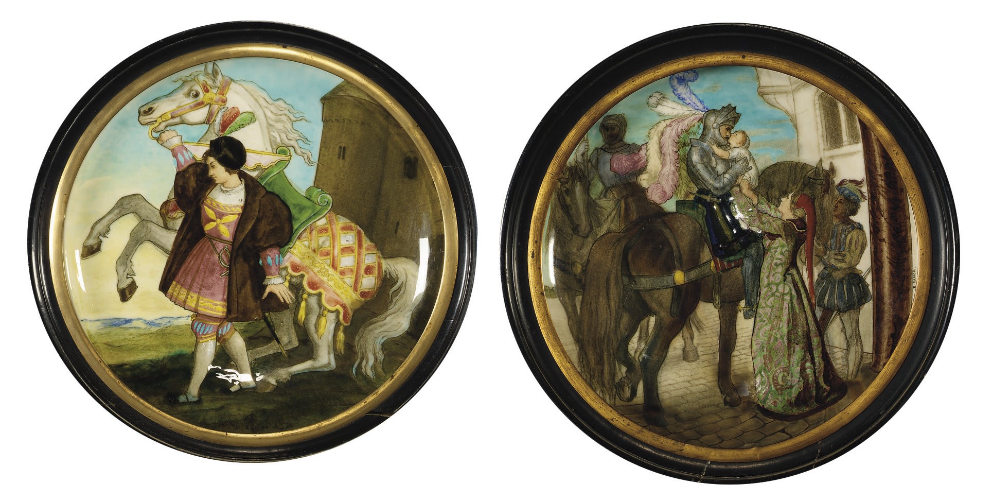 PAIRE DE PLATS CIRCUCLAIRES DE THEODORE DECK, DECORE PAR E. GLUCK