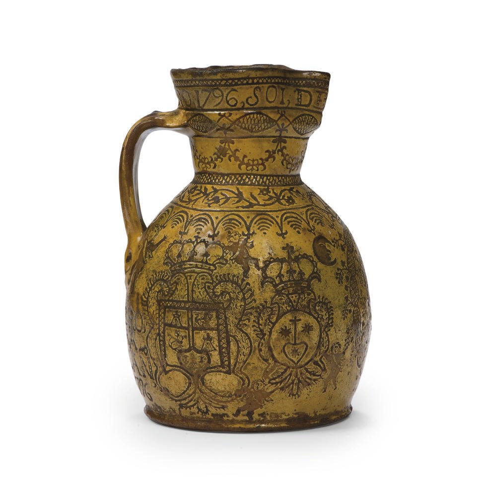 BROC EN FAIENCE ARMORIE ET DATE DE LA FIN DU XVIIIEME SIECLE, PEUT-ETRE MEXIQUE