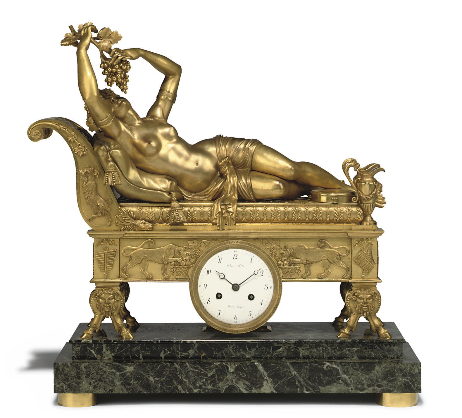 AN EMPIRE ORMOLU AND VERDE ANTICO MARBLE MANTEL CLOCK