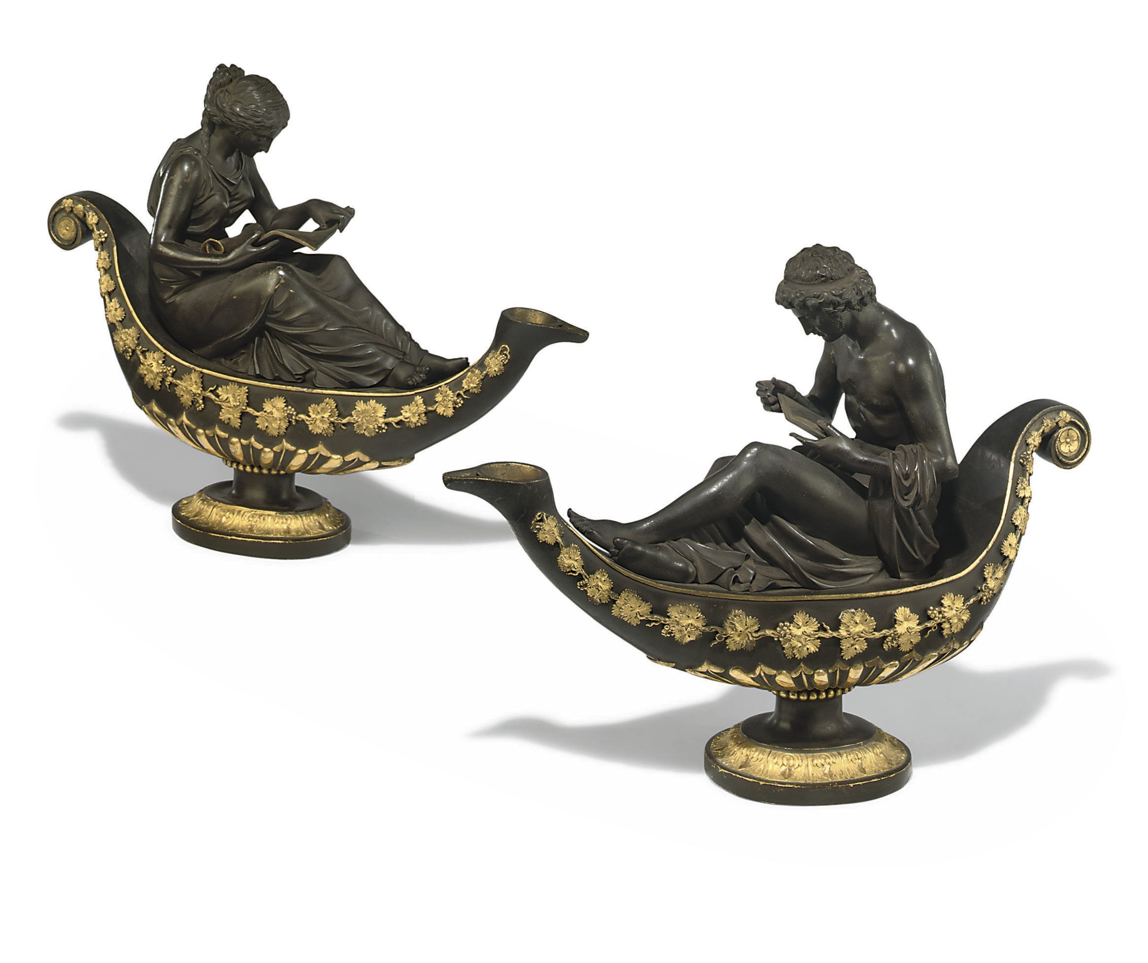A PAIR OF RUSSIAN ORMOLU AND PATINATED BRONZE OIL LAMPS