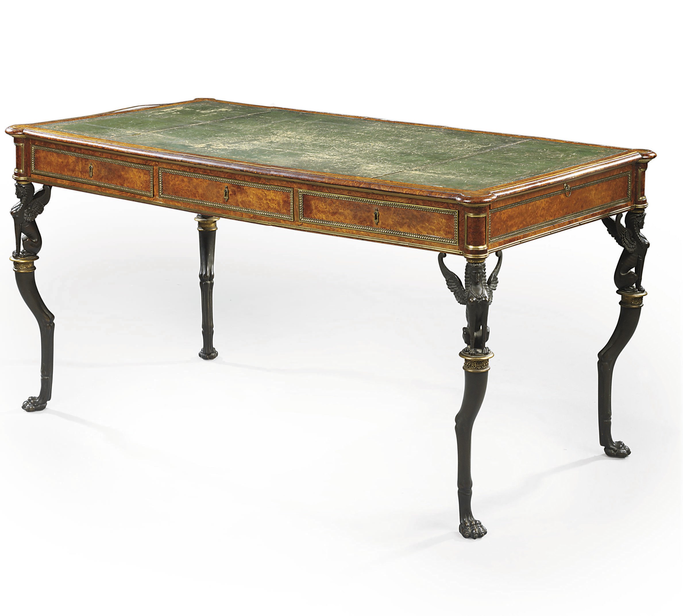 A DIRECTOIRE ORMOLU, BRASS AND PATINATED BRONZE-MOUNTED THUYA BUREAU PLAT