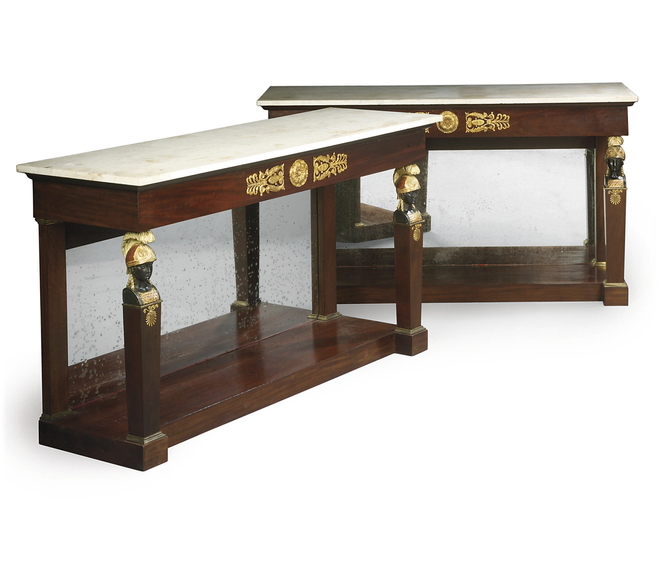 A PAIR OF NORTH EUROPEAN ORMOLU-MOUNTED PARCEL-GILT AND BRONZED MAHOGANY CONSOLE TABLES