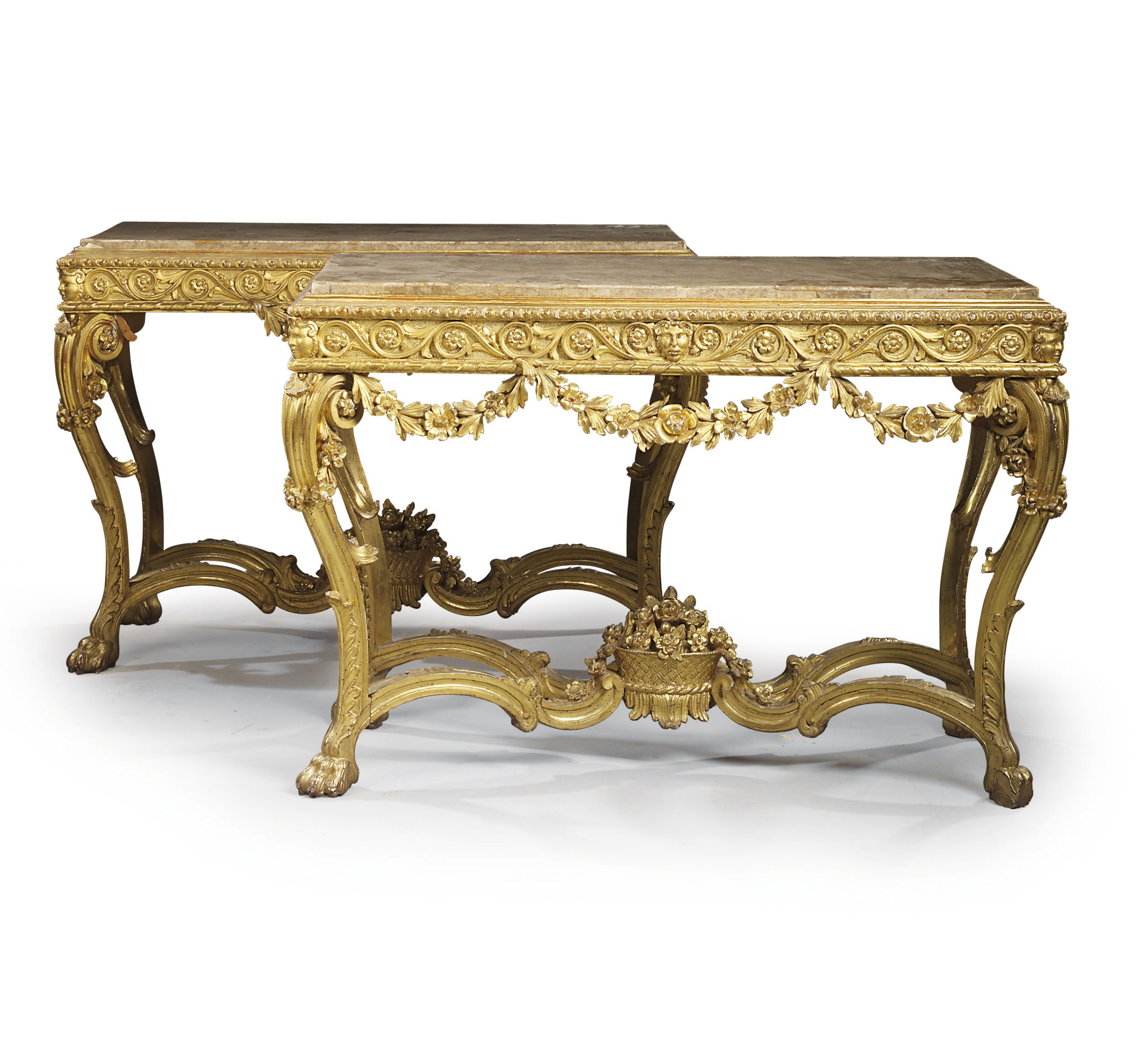 A PAIR OF ITALIAN GILTWOOD CONSOLE TABLES