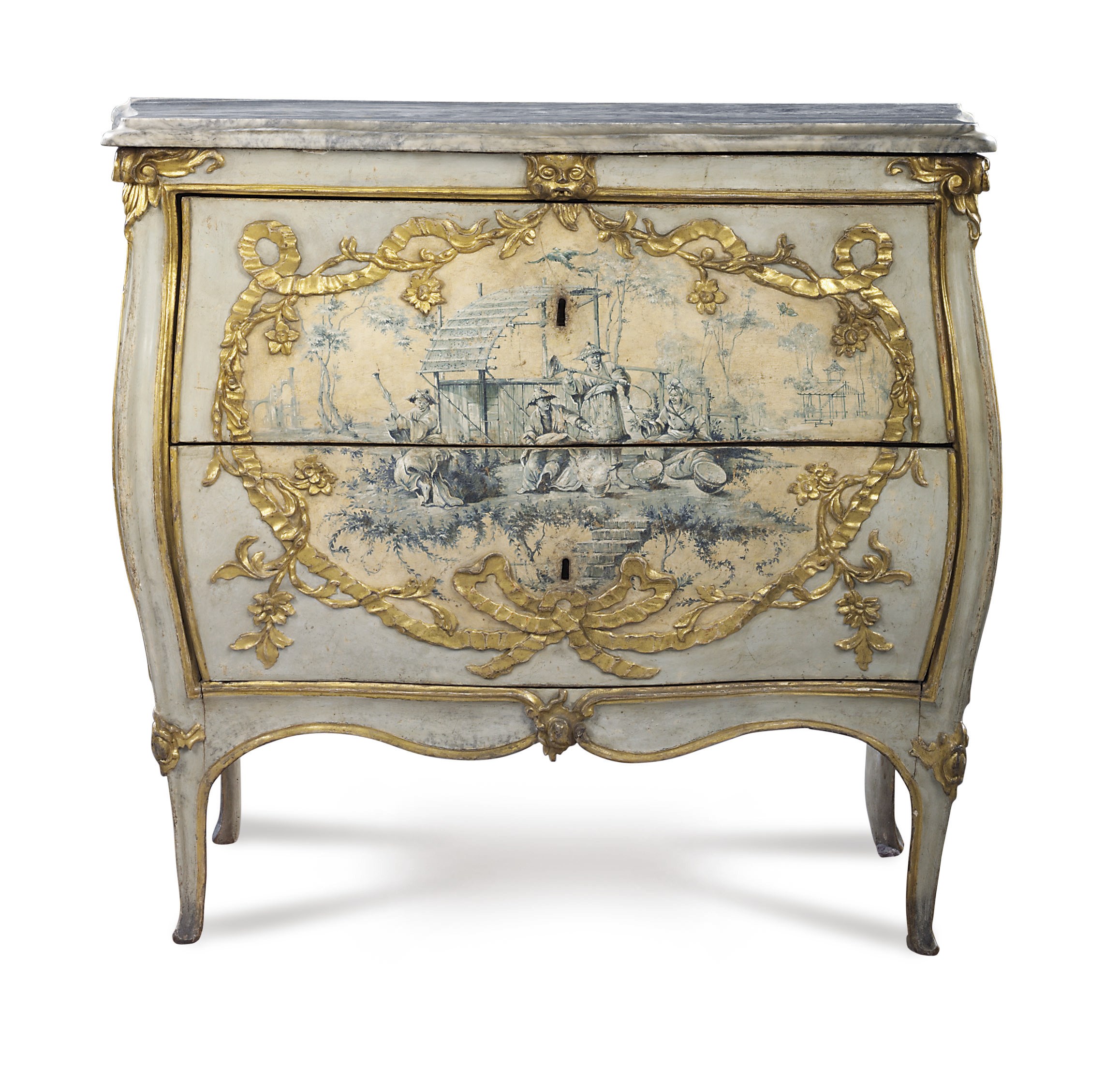A NORTH ITALIAN PARCEL-GILT, PALE BLUE AND GRISAILLE-DECORATED COMMODE