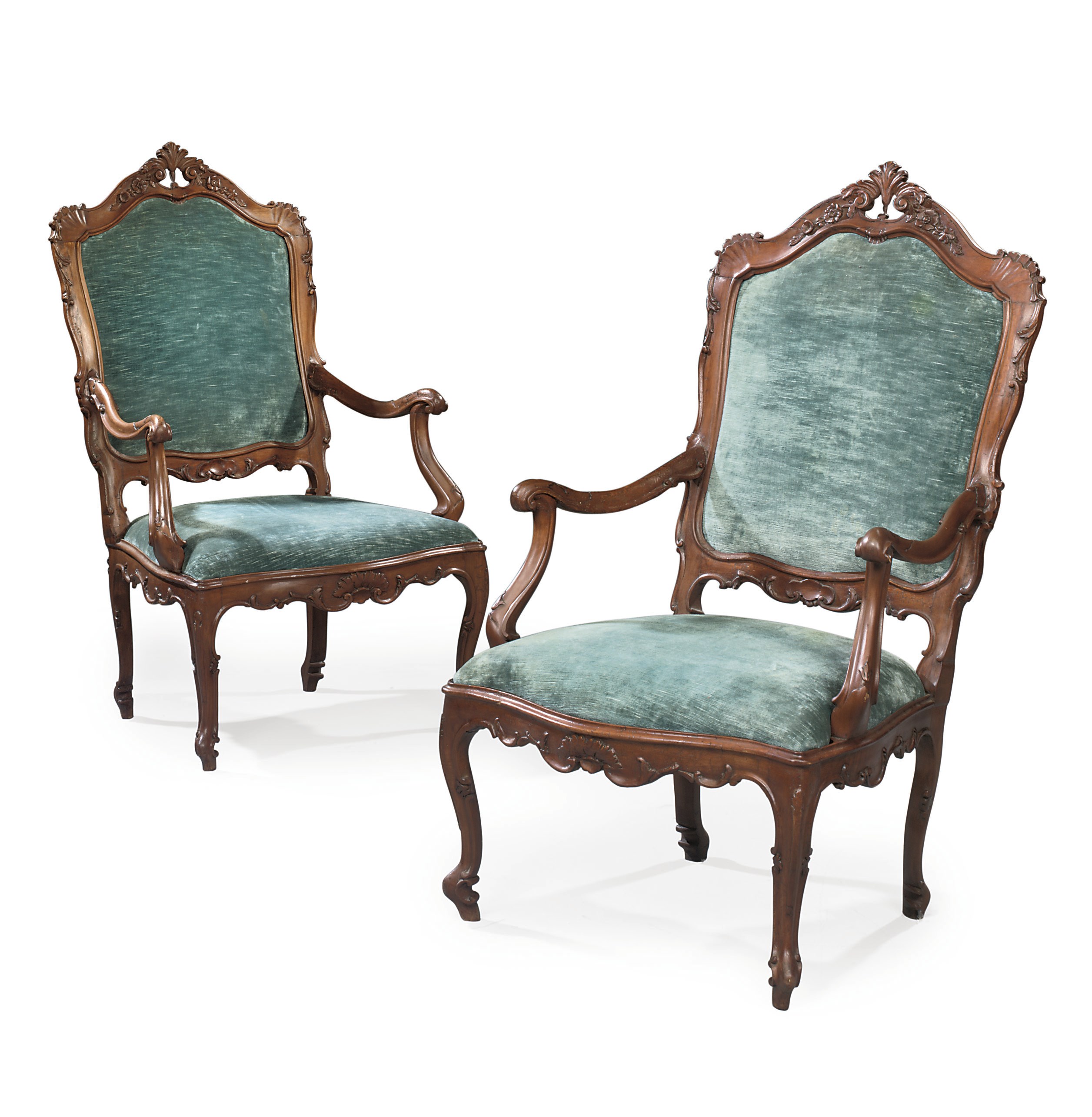 A PAIR OF NORTH ITALIAN WALNUT OPEN ARMCHAIRS