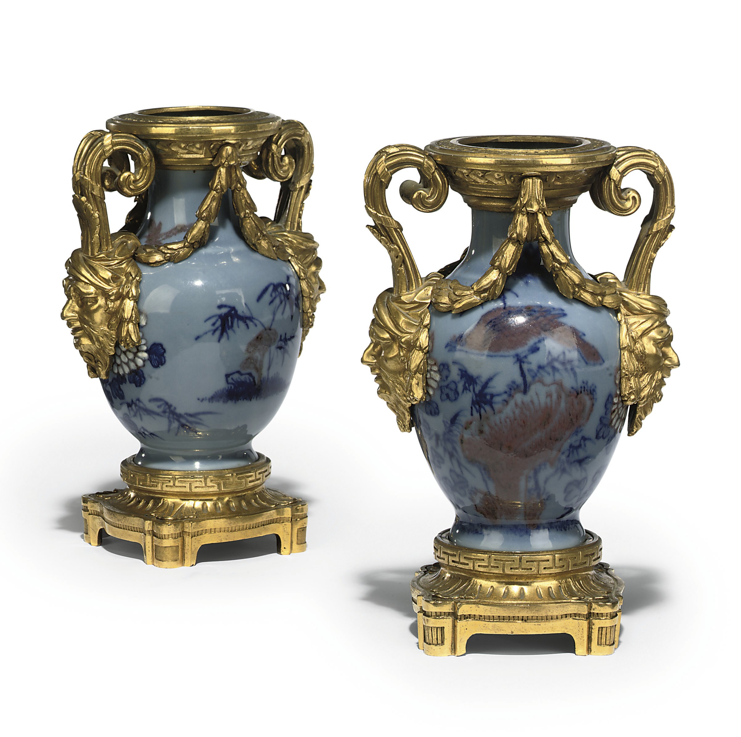 A PAIR OF LOUIS XVI ORMOLU-MOUNTED CHINESE BLUE AND COPPER RED GLAZED PORCELAIN VASES
