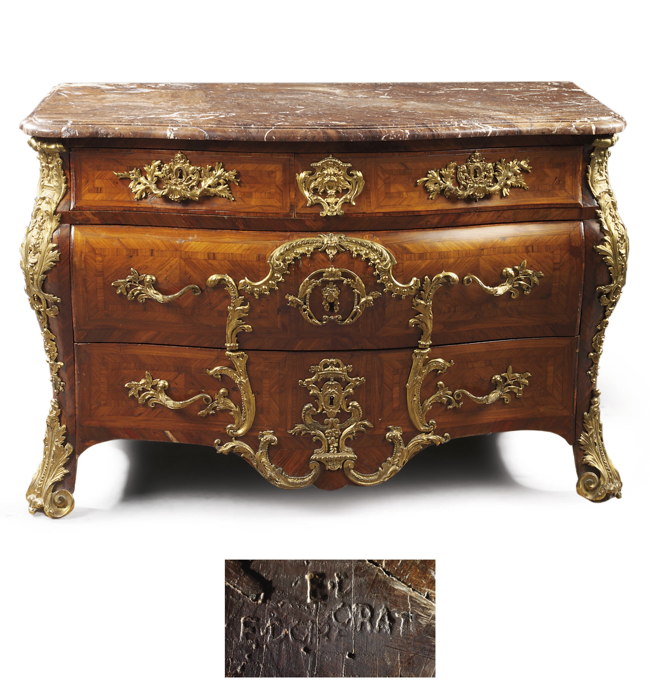 A REGENCE ORMOLU-MOUNTED KINGWOOD AND TULIPWOOD BOMBE COMMODE