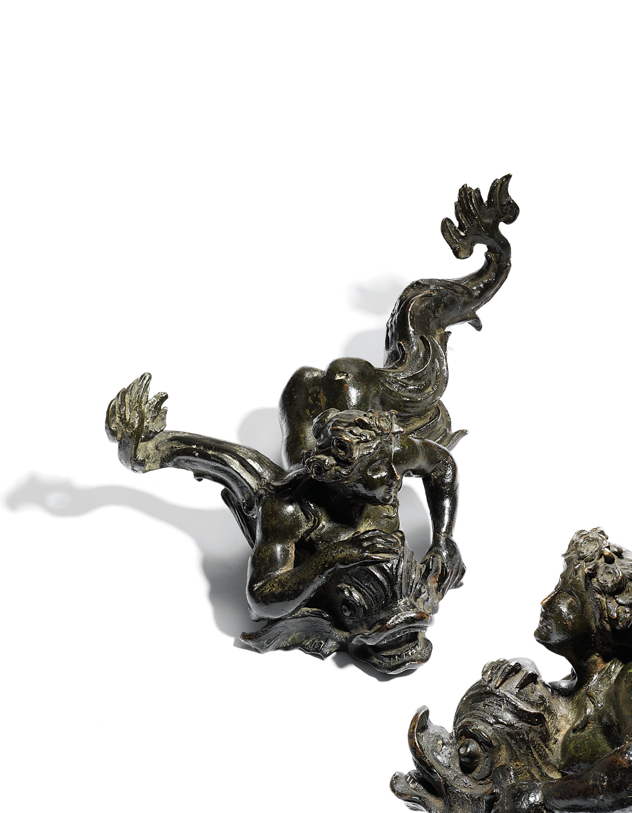 A BRONZE GROUP OF A MERMAID AND A DOLPHIN