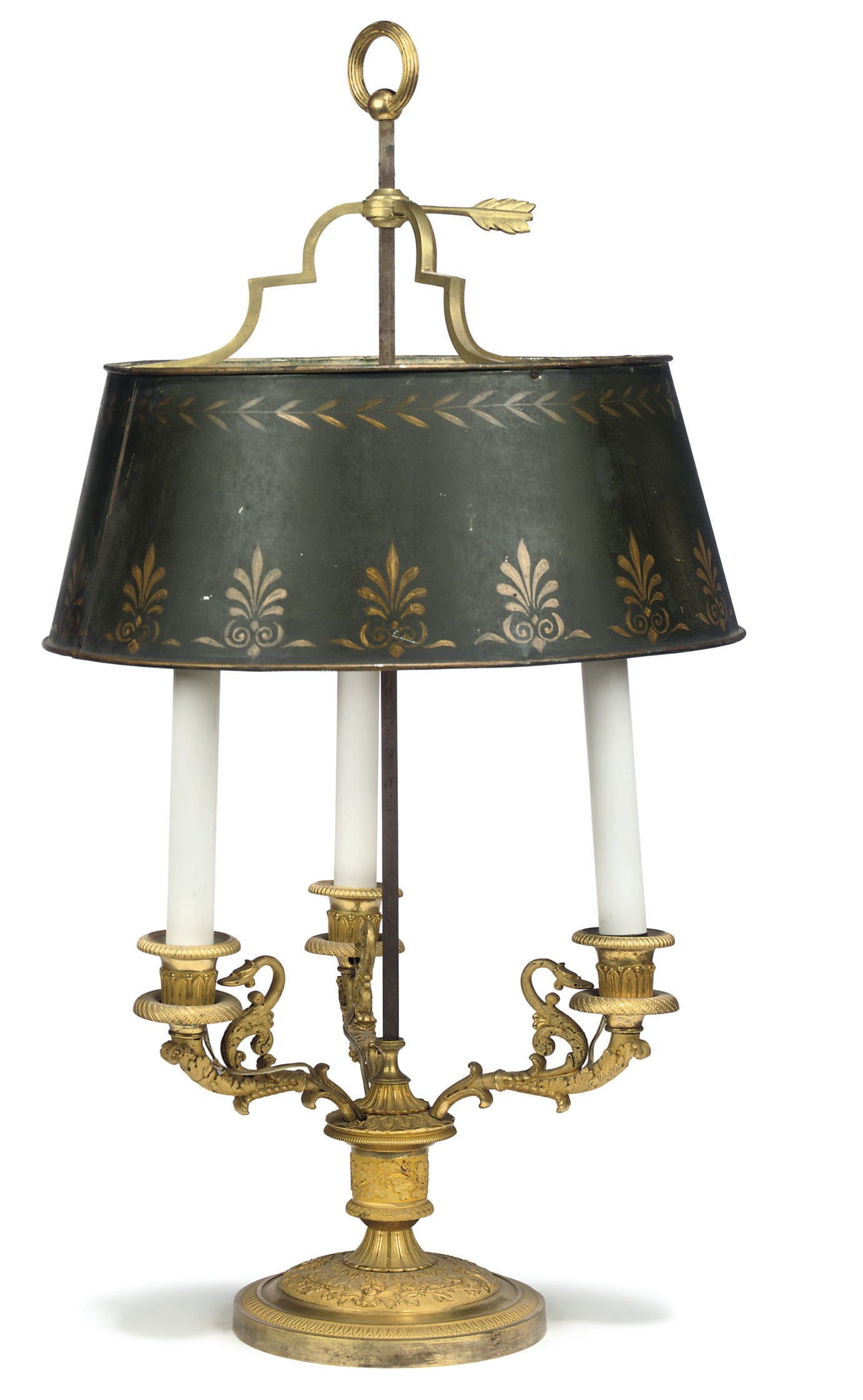 AN EMPIRE ORMOLU THREE-LIGHT BOUILLOTTE LAMP