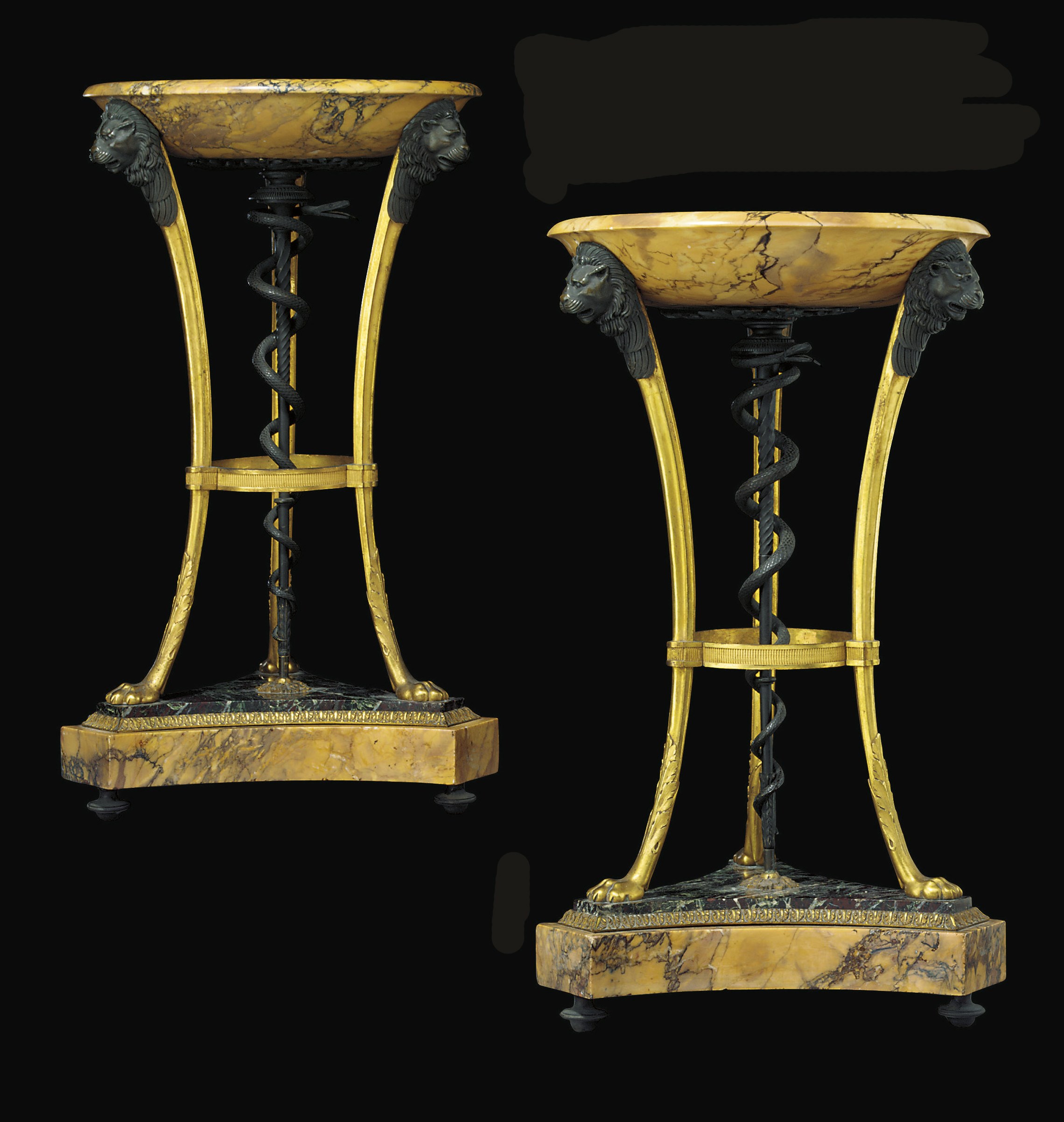 A PAIR OF EMPIRE PATINATED BRONZE, ORMOLU, GIALLO ANTICO AND AFRICANO MARBLE TAZZE