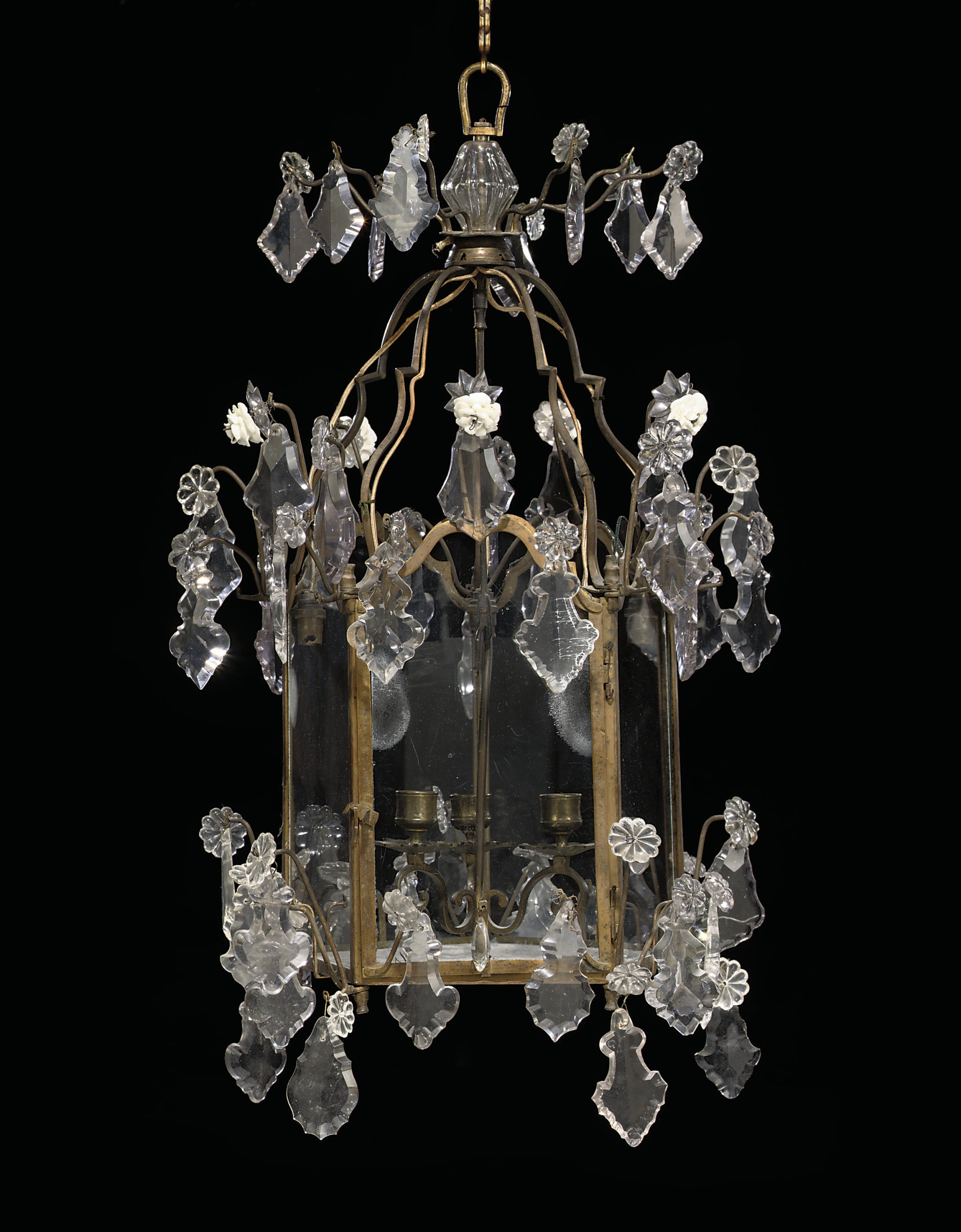 A LOUIS XV BRASS AND CRYSTAL LANTERN