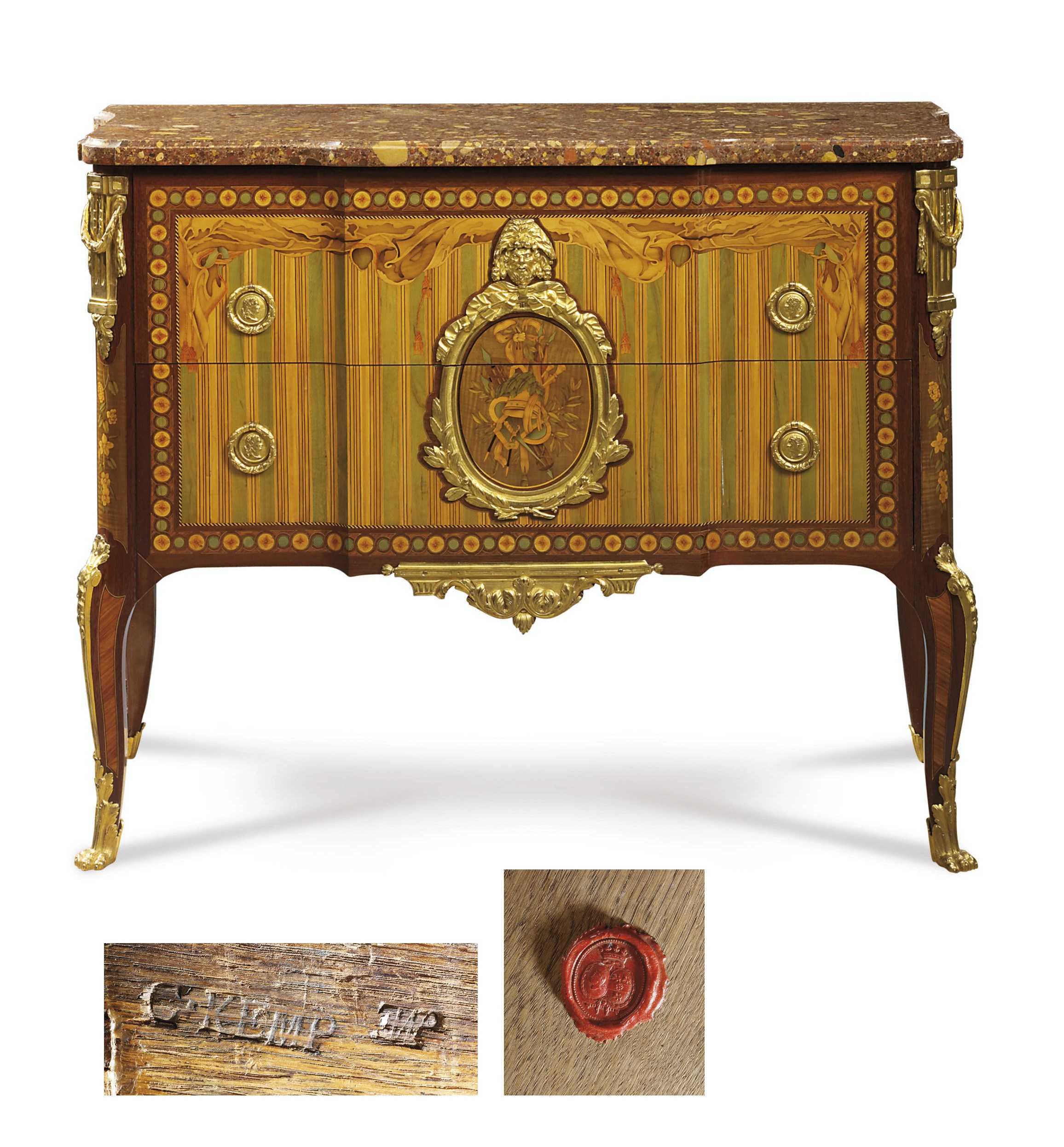 A LATE LOUIS XV ORMOLU-MOUNTED AMARANTH, TULIPWOOD AND STAINED FRUITWOOD MARQUETRY AND PARQUETRY COMMODE