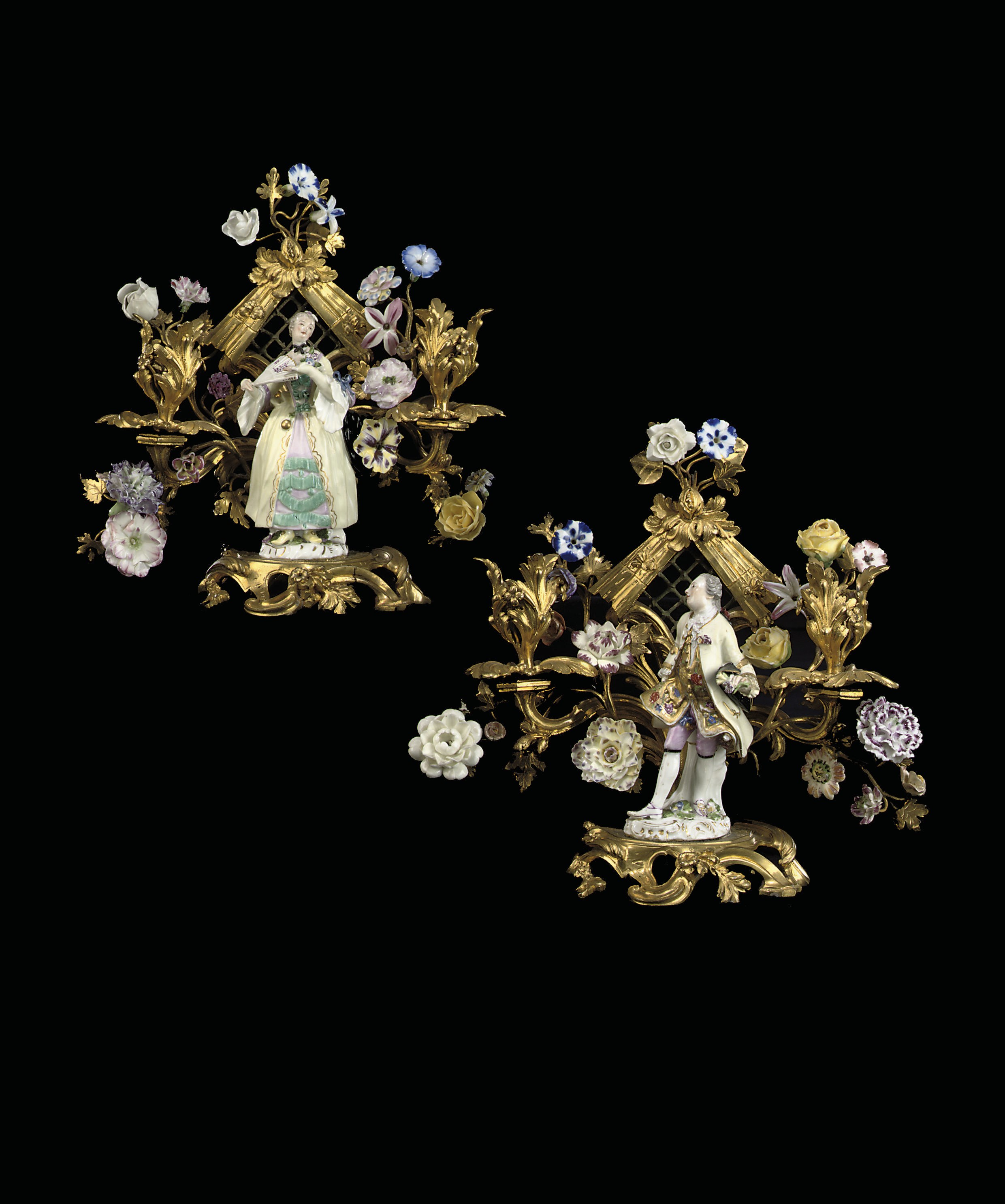 A PAIR OF LOUIS XV ORMOLU AND MEISSEN PORCELAIN TWIN-BRANCH CANDELABRA