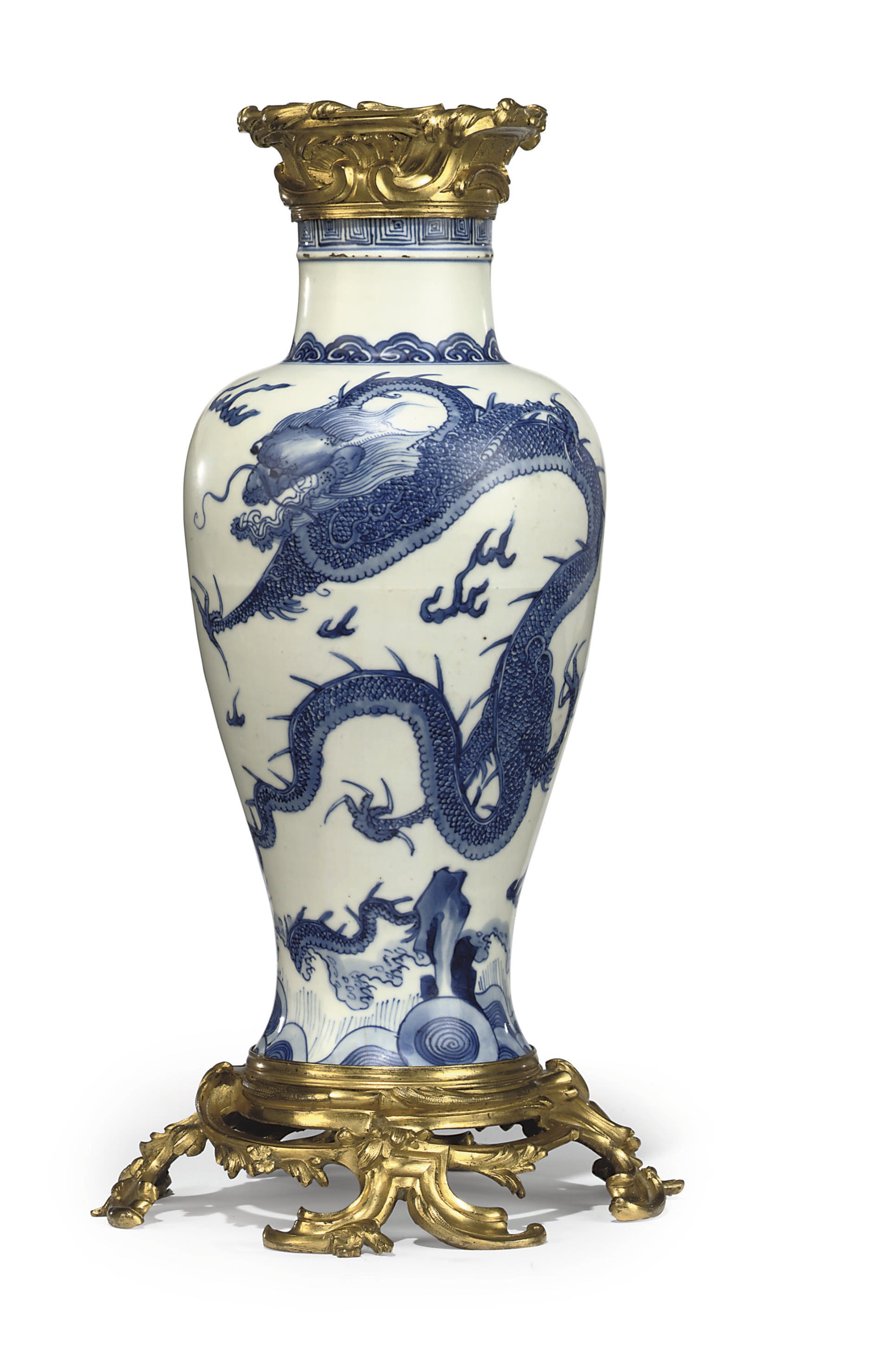 A LOUIS XV ORMOLU-MOUNTED BLUE AND WHITE CHINESE PORCELAIN VASE