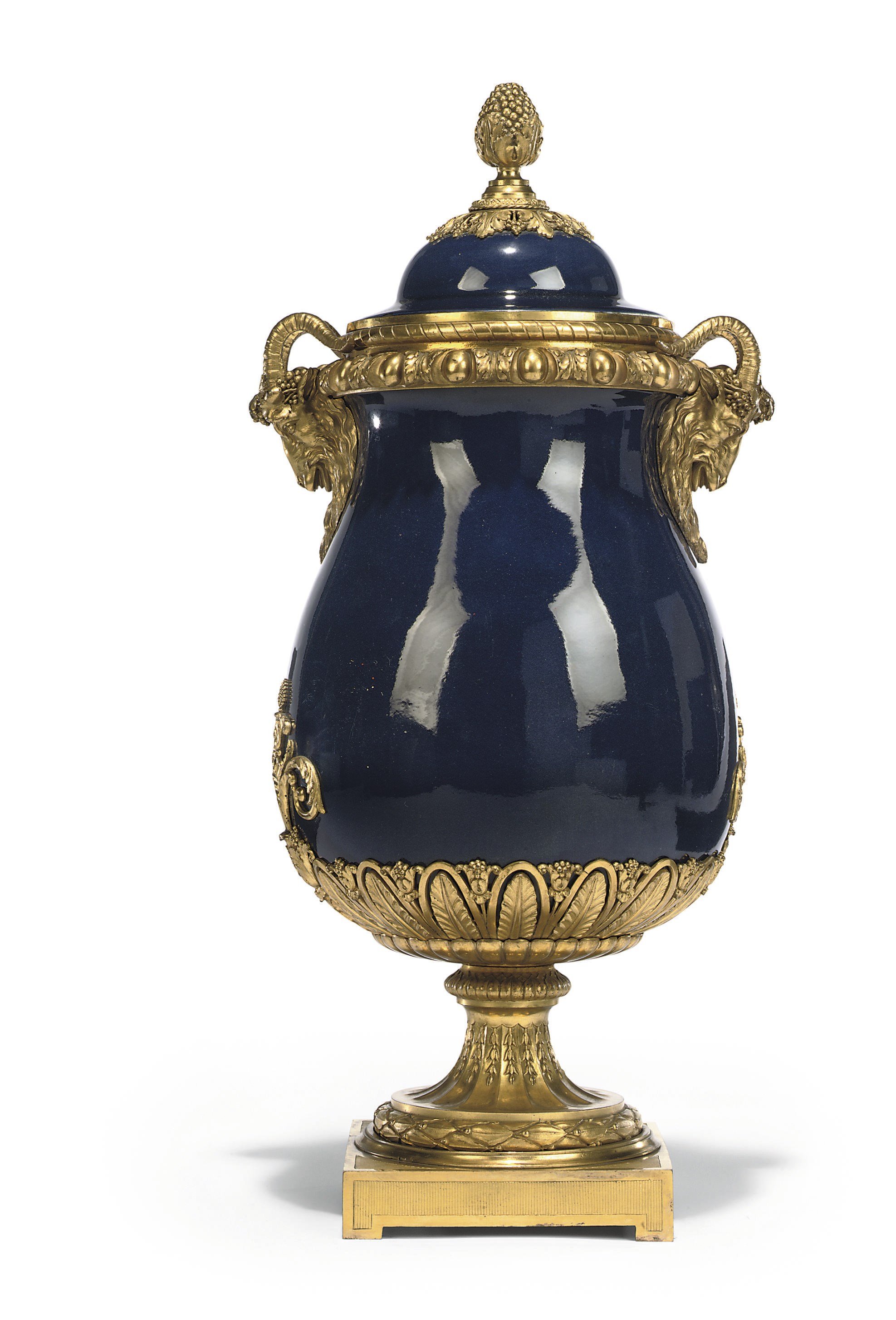 A FRENCH ORMOLU-MOUNTED POWDER-BLUE PORCELAIN LIDDED URN