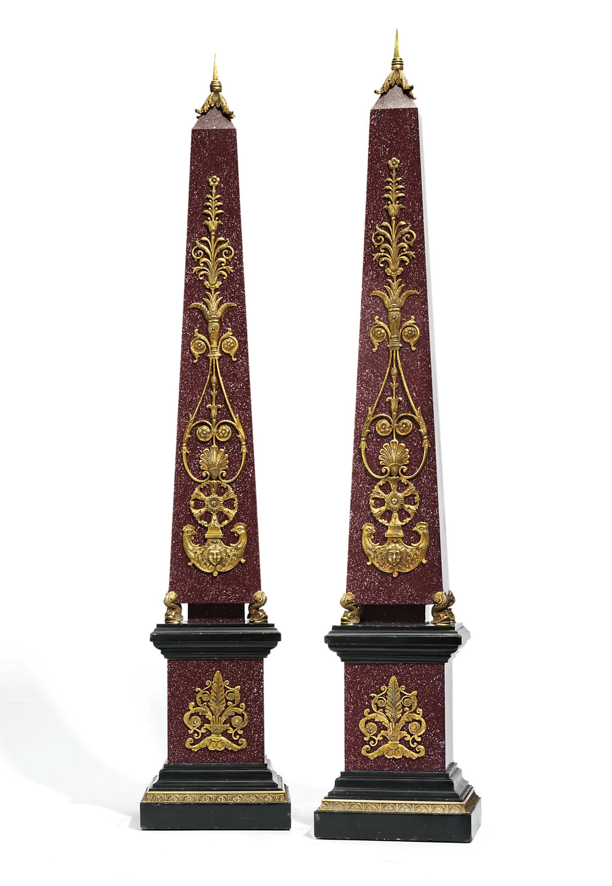 A PAIR OF ORMOLU-MOUNTED PORPHYRY-VENEERED OBELISKS