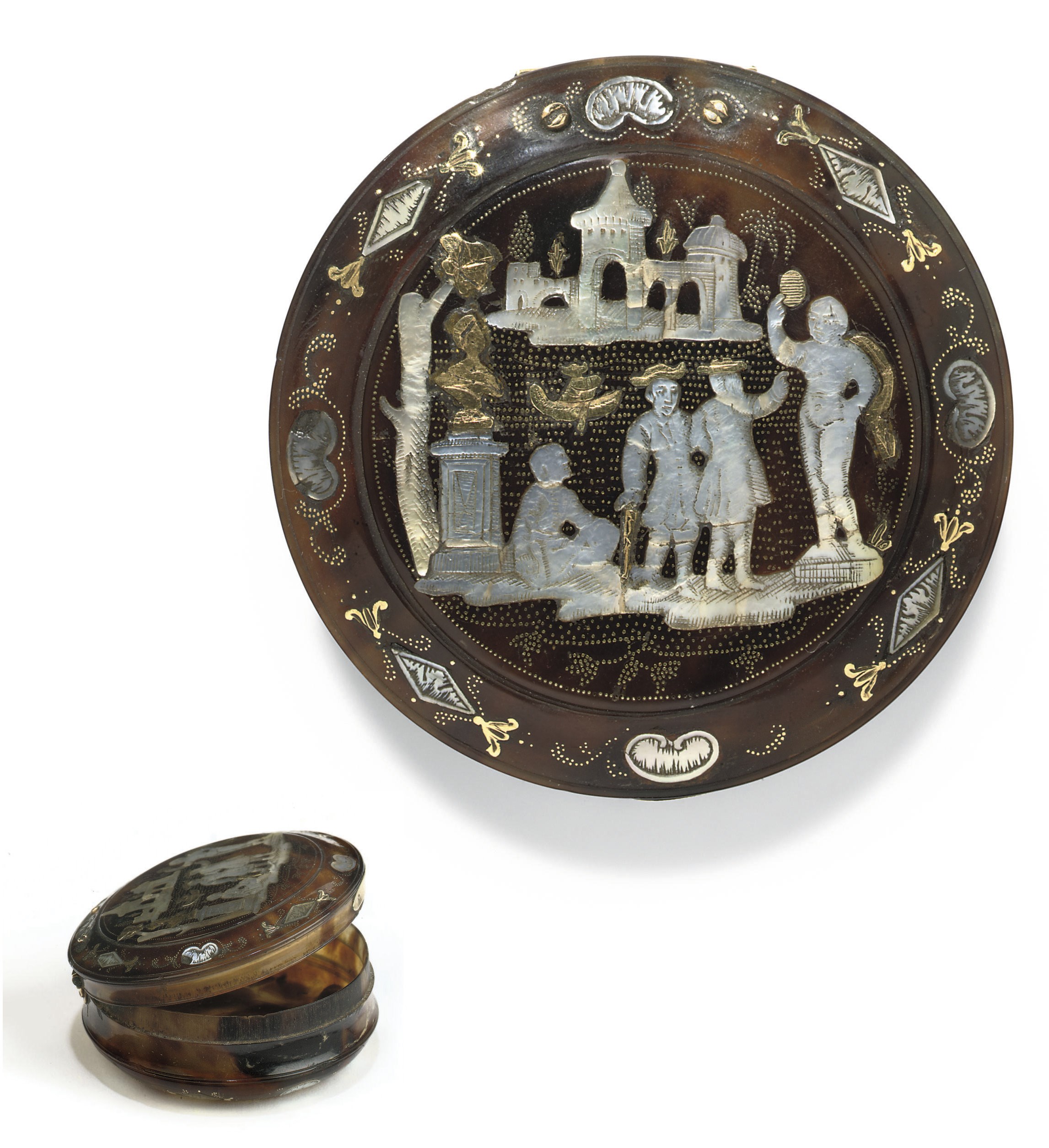 A SOUTH ITALIAN MOTHER-OF-PEARL AND GOLD-INLAID 'PIQUE' SNUFF-BOX